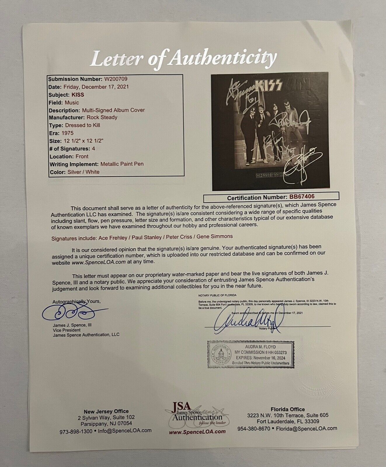 KISS JSA Paul Stanley Gene Fully Signed Autograph Record Album Dressed To Kill