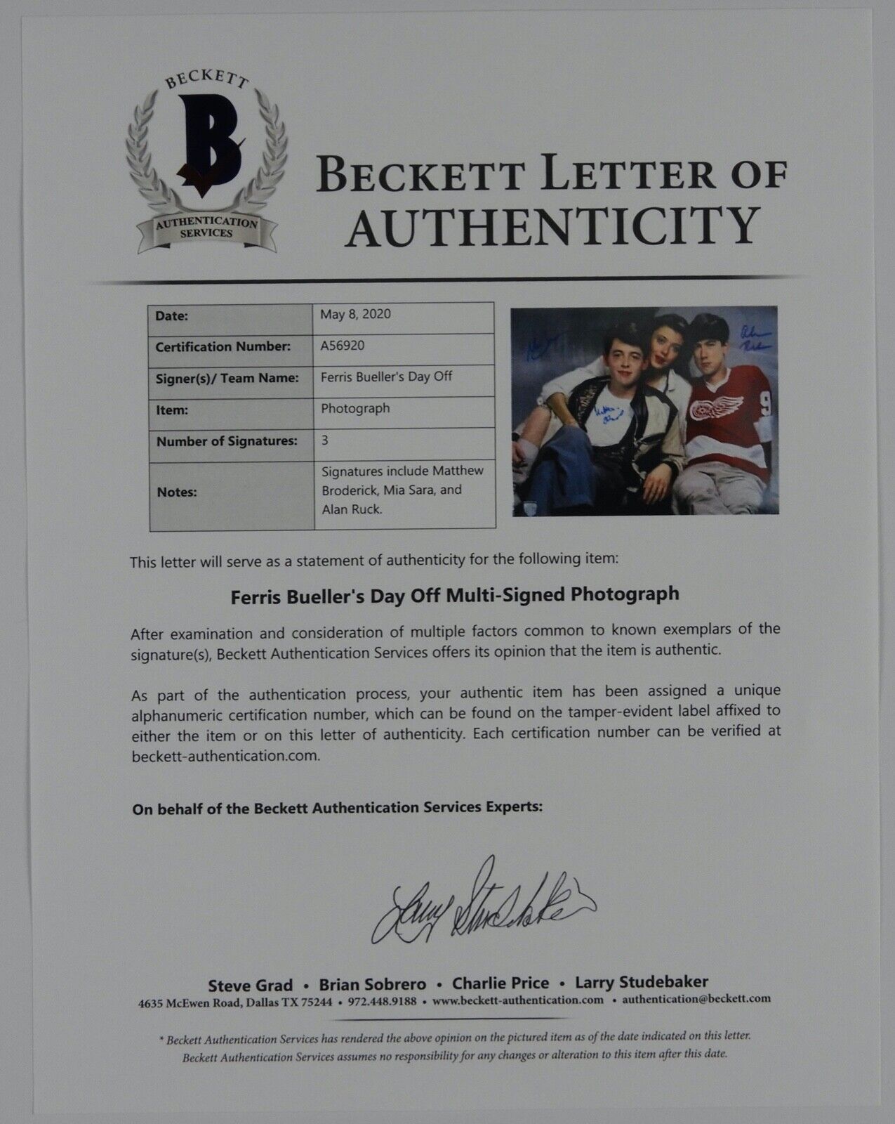 Ferris Bueller's Day Off Autograph Signed 11 X 14 Signed Photo Beckett Cast