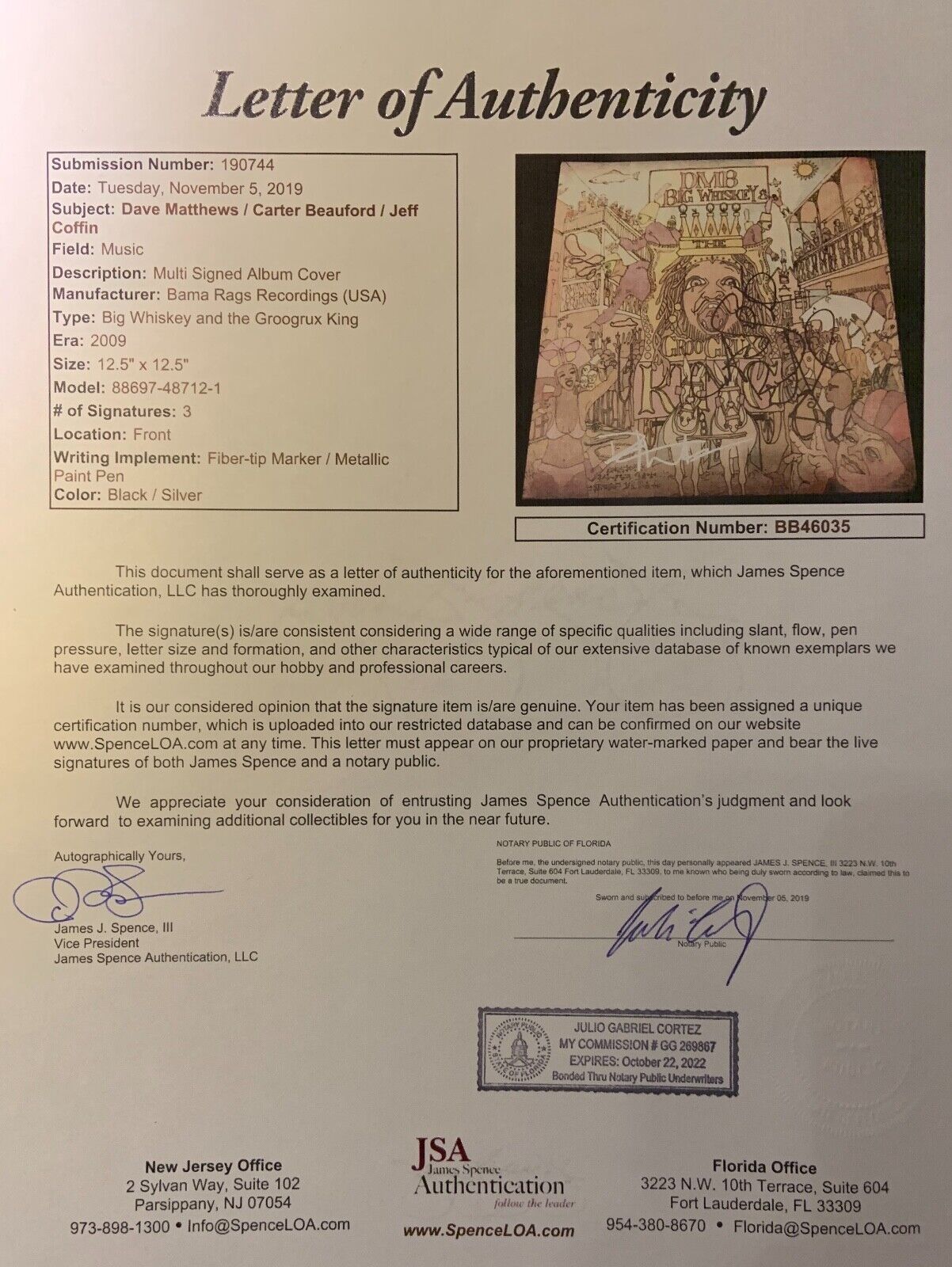 Dave Matthews Band JSA Signed Autograph Record Album Vinyl Big Wiskey Carter +