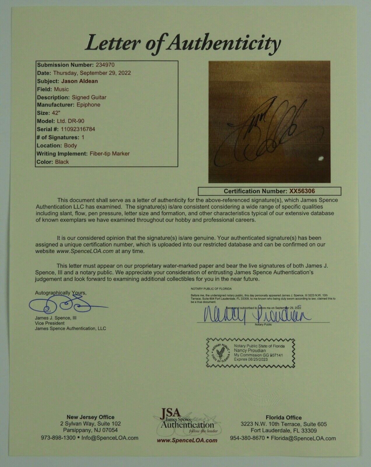 Jason Aldean JSA Signed Autograph Acoustic Guitar Epiphone