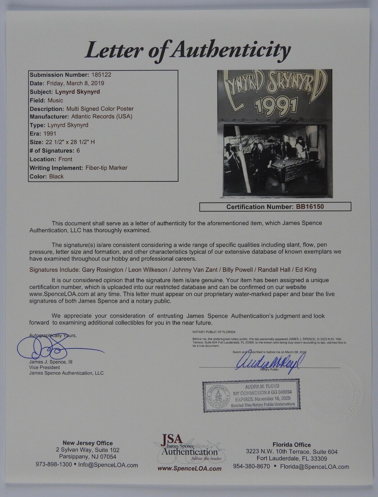 Lynyrd Skynyrd JSA signed autograph Poster Leon Wilkeson Gary Rossington +