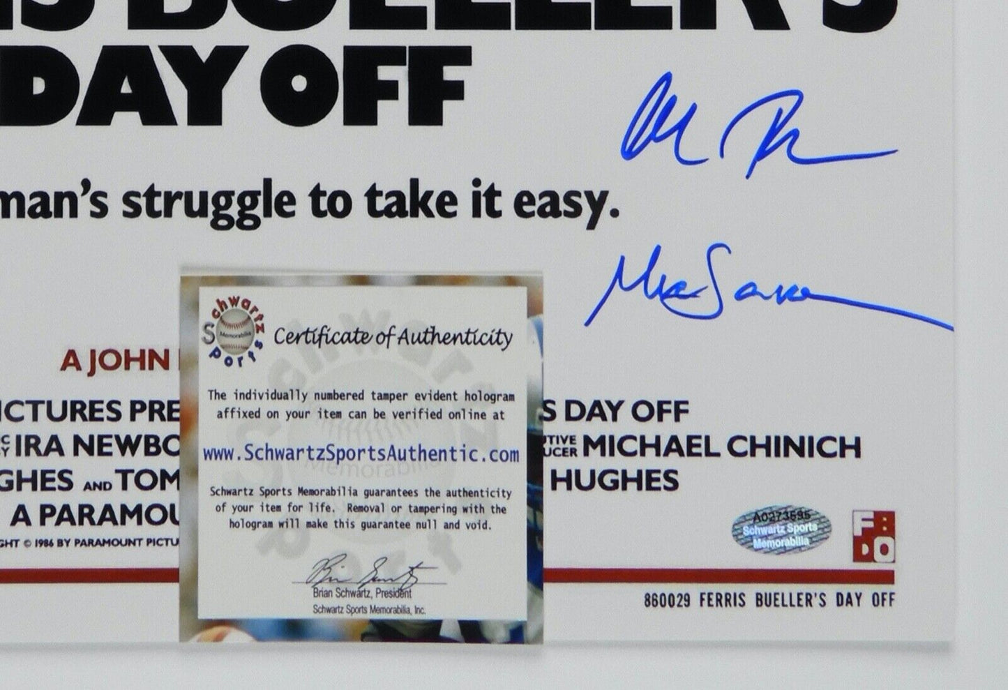Ferris Bueller's Day Off Autograph Signed 11 X 17 Signed Photo Schwartz COA