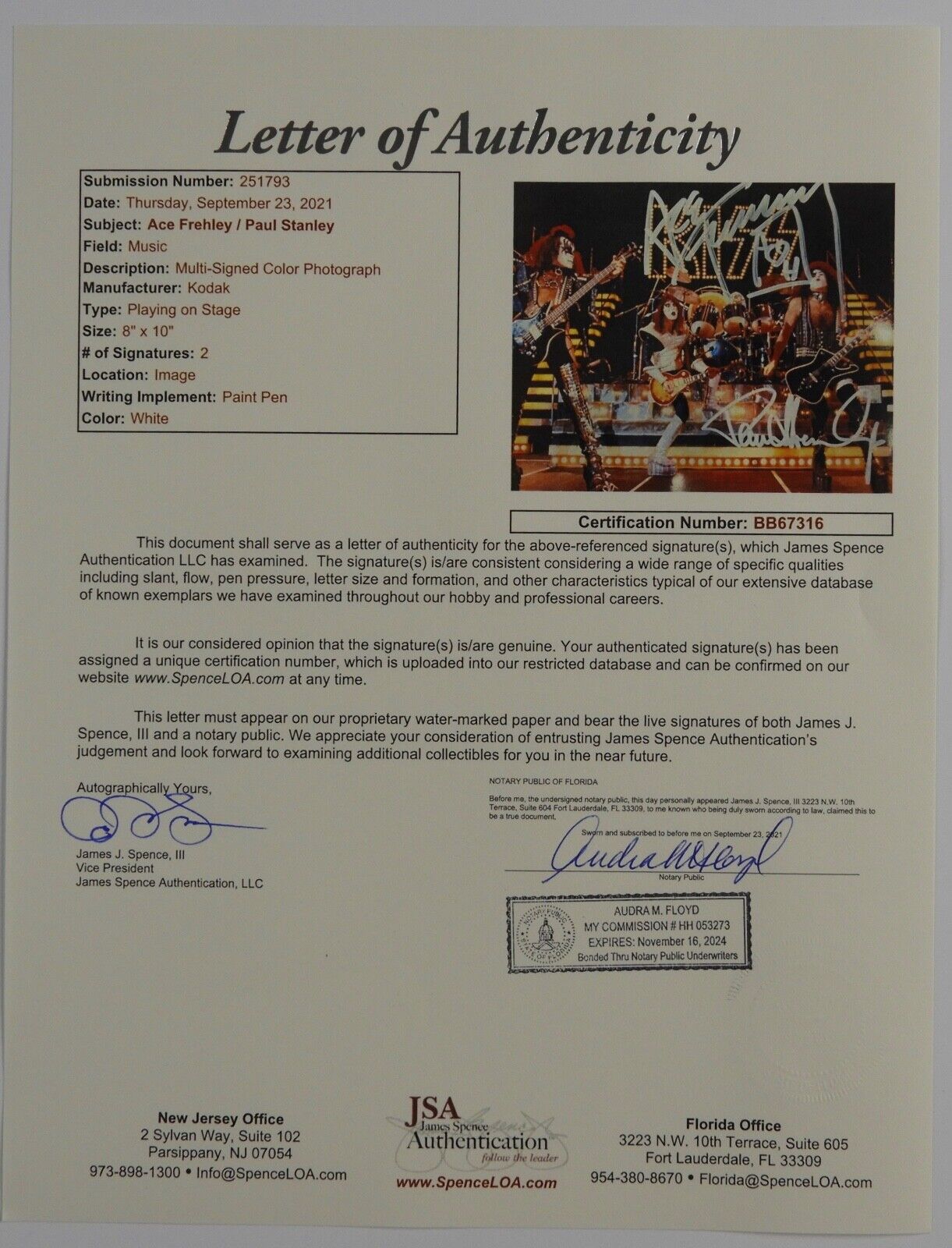 KISS Paul Stanley Ace Frehley Signed JSA Signed Autograph 8 x 10 Photo