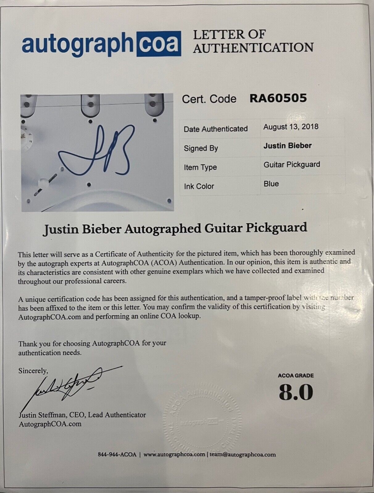 Justin Bieber JSA ACOA Autograph Signed Stratocaster Guitar Full Letter COA