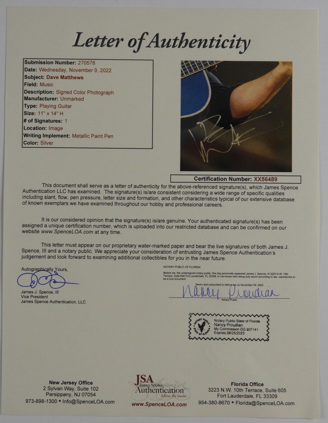 Dave Matthews Band JSA Autograph Signed 11 x 14 photo