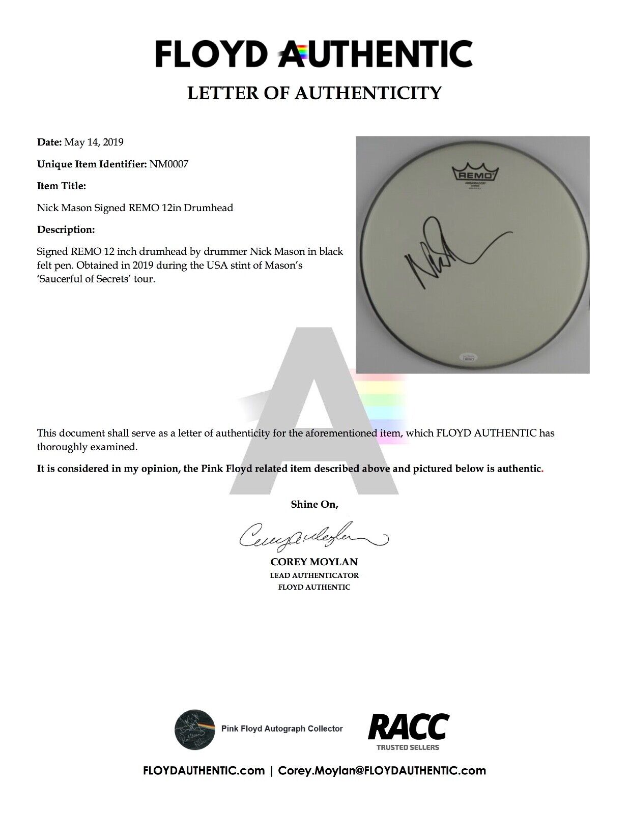 Nick Mason Pink Floyd Autograph Signed Drum Head JSA COA 12" FA LOA