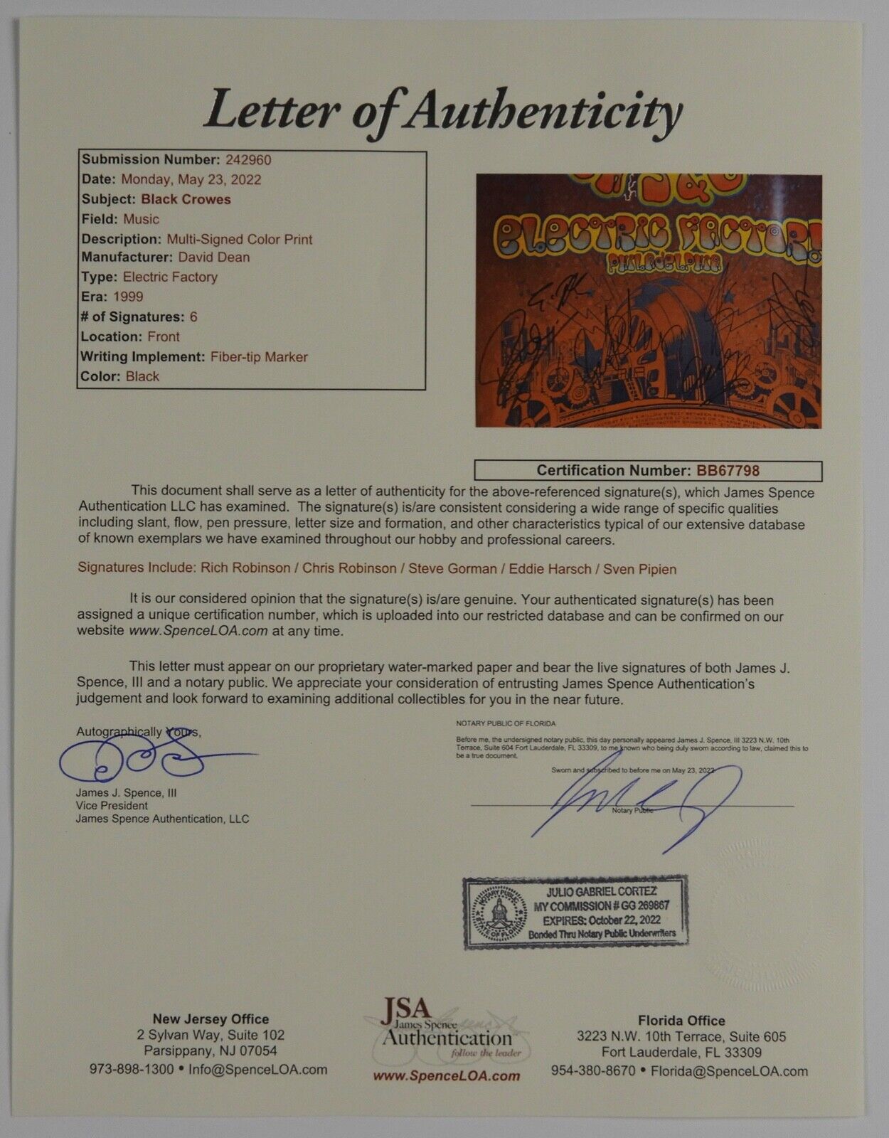 The Black Crowes JSA Autograph Fully Signed 13 x 21 Electric Factory Poster