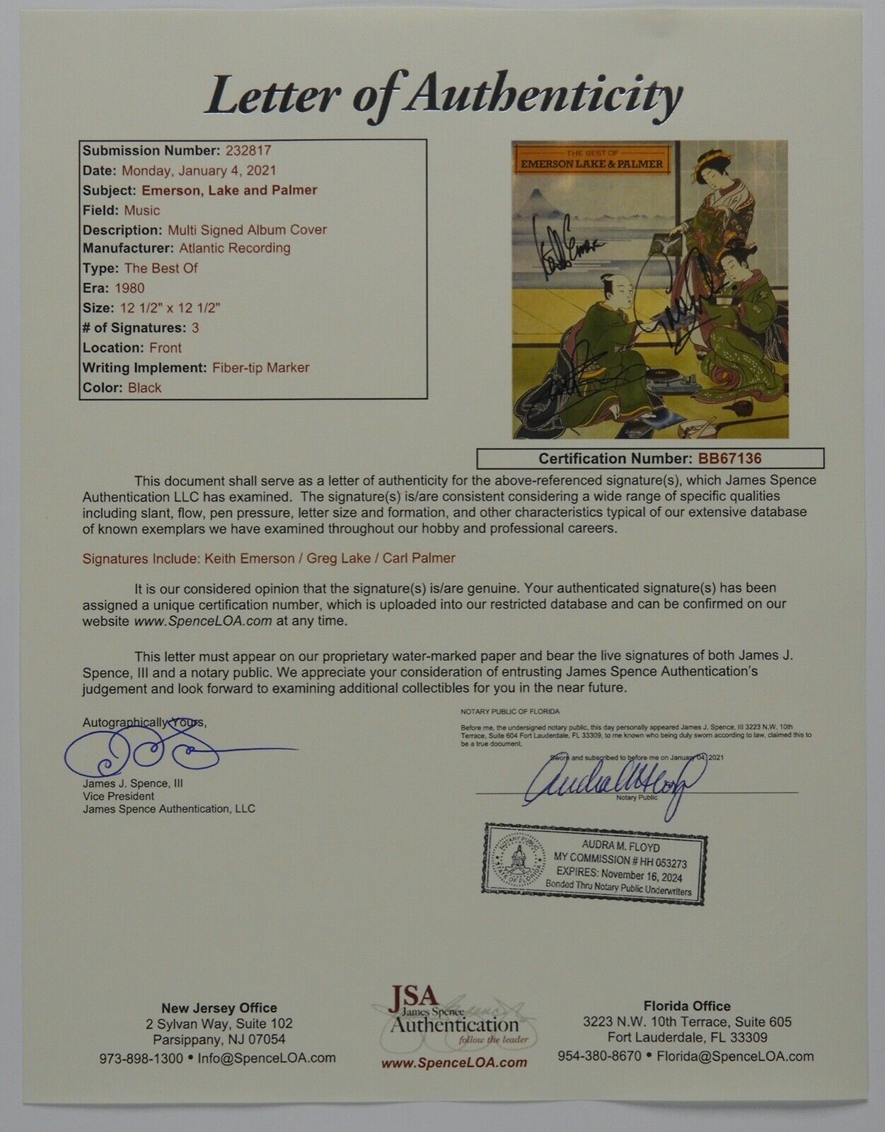 Emerson Lake & Palmer JSA Signed Autograph Album Record Vinyl Best Of