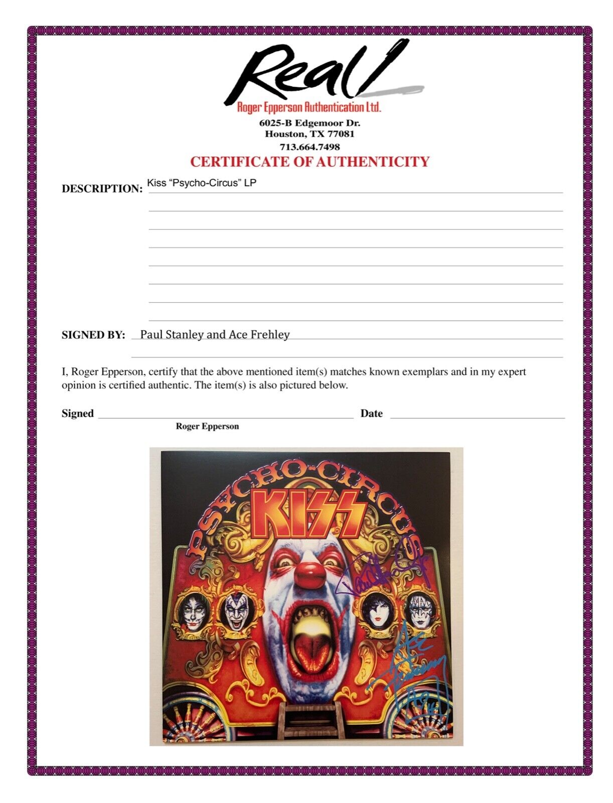 KISS Paul Stanley Ace Frehley REAL Autograph Signed Record Album Psycho Circus