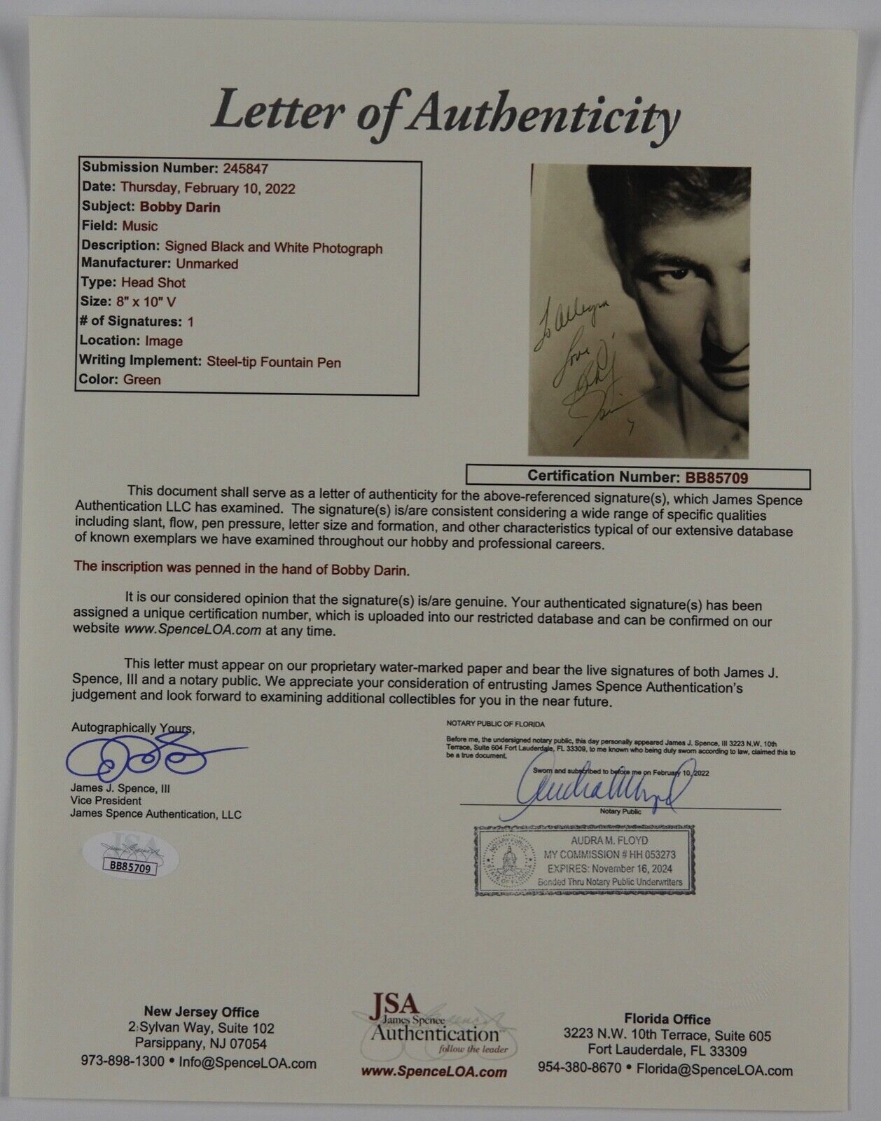 Bobby Darin Autograph Signed Photo JSA 8 x 10