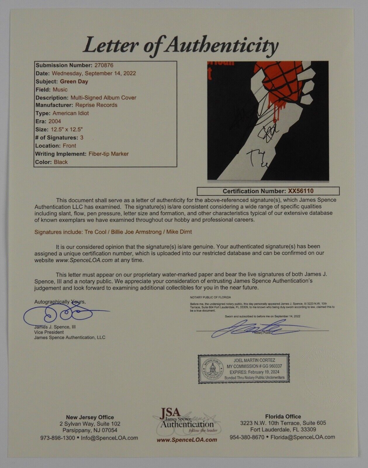 Green Day JSA Fully Signed Autograph Album Record Billie Joe American Idiot