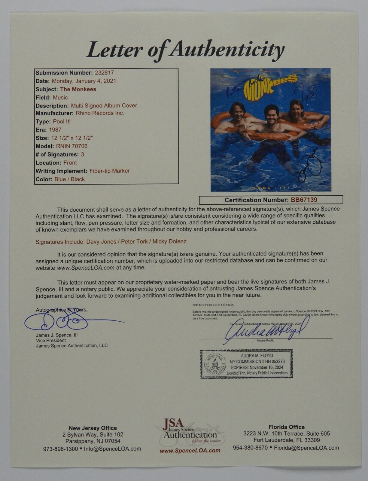 The Monkees JSA Signed Autograph Album Record Vinyl Pool It Davy, Mickey, Peter