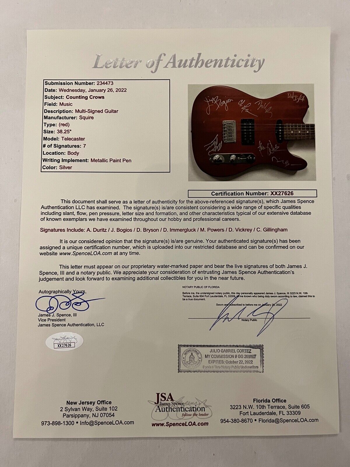 Counting Crows JSA Fully Signed Autograph Electric Telecaster Guitar