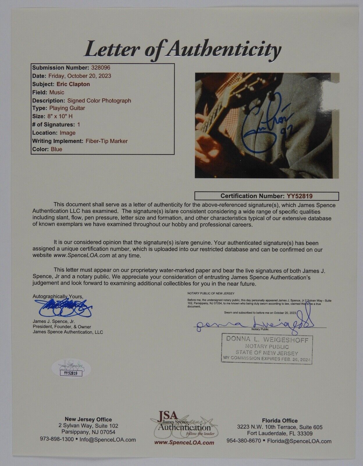 Eric Clapton JSA Signed Autograph 8 x 10 Photo