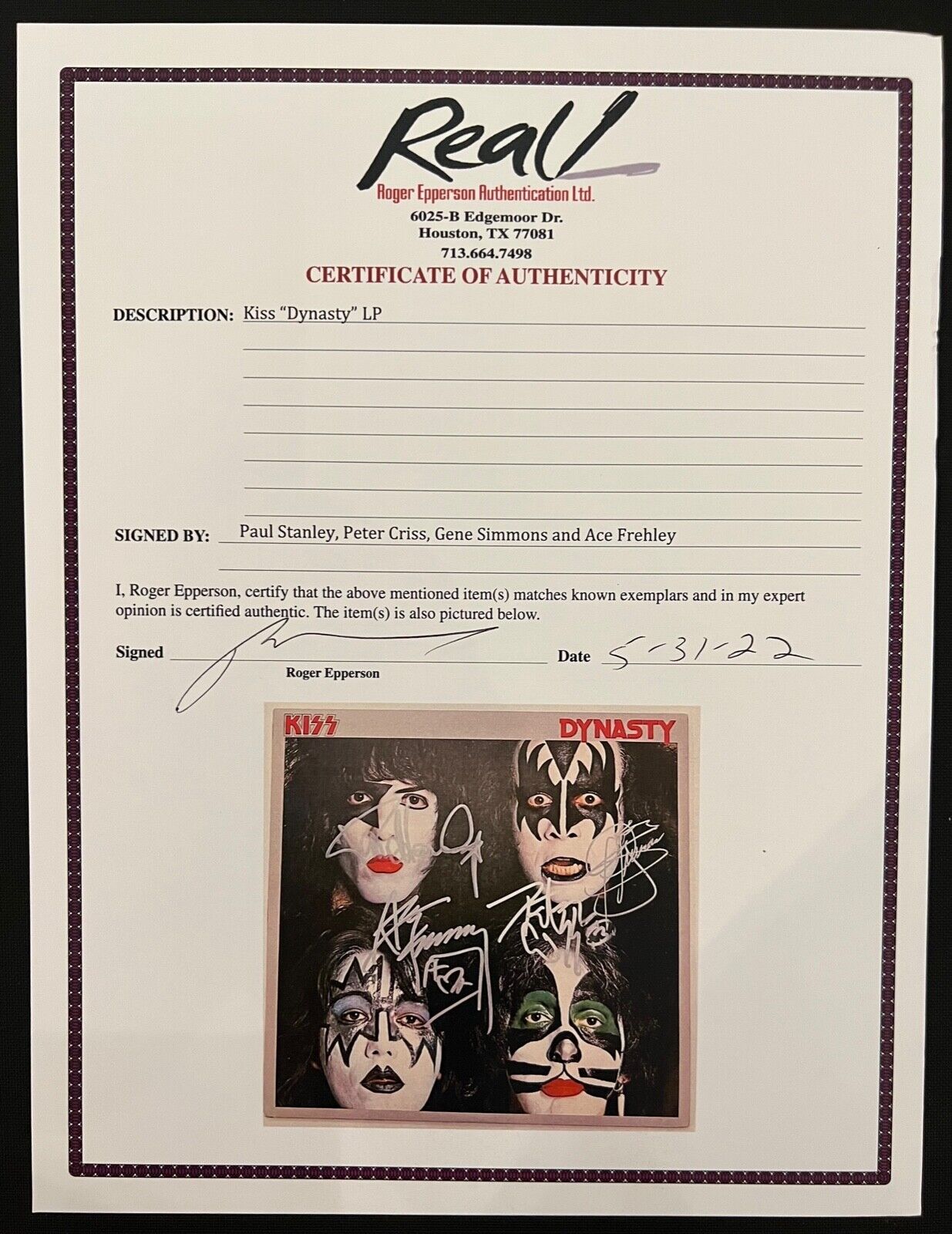 KISS Gene Simmons Peter, Ace, Paul JSA Fully Signed Autograph Record Dynasty