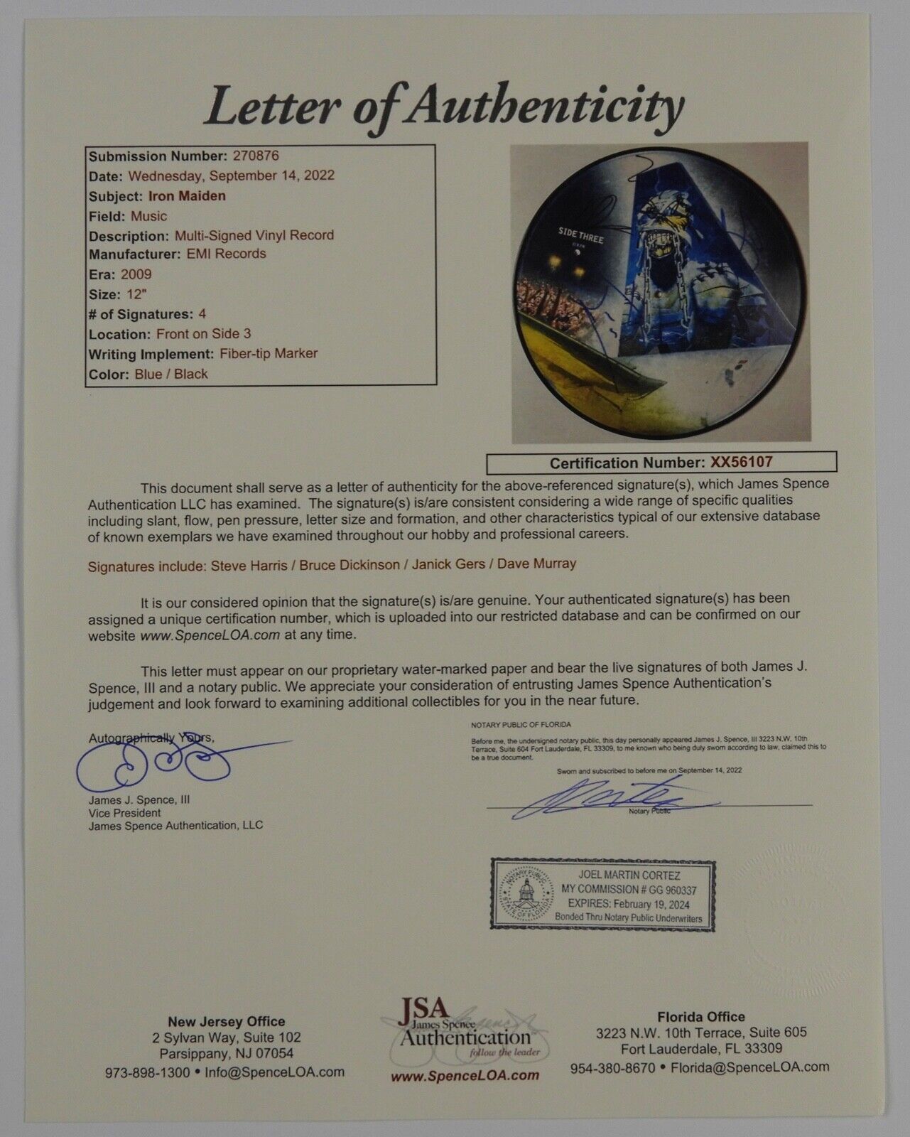 Iron Maiden JSA Autograph Fully Signed Album Vinyl Picture Disc Flight 666