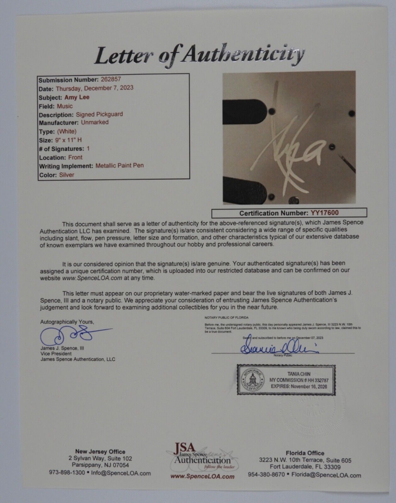 Amy Lee Evanescence JSA Autograph Signed Guitar Guard Strat Kickplate