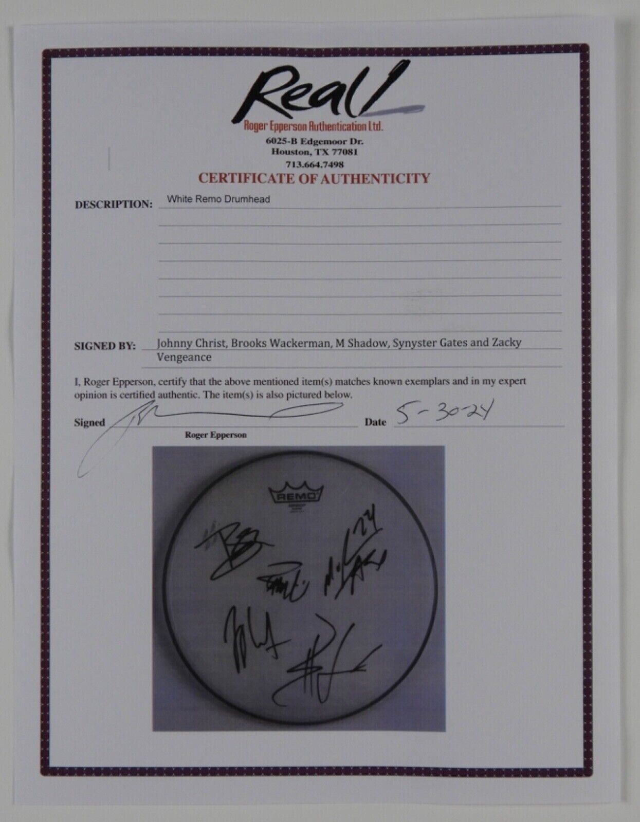 Avenged Sevenfold Fully Signed Autograph Drum Head REAL Epperson COA 12"