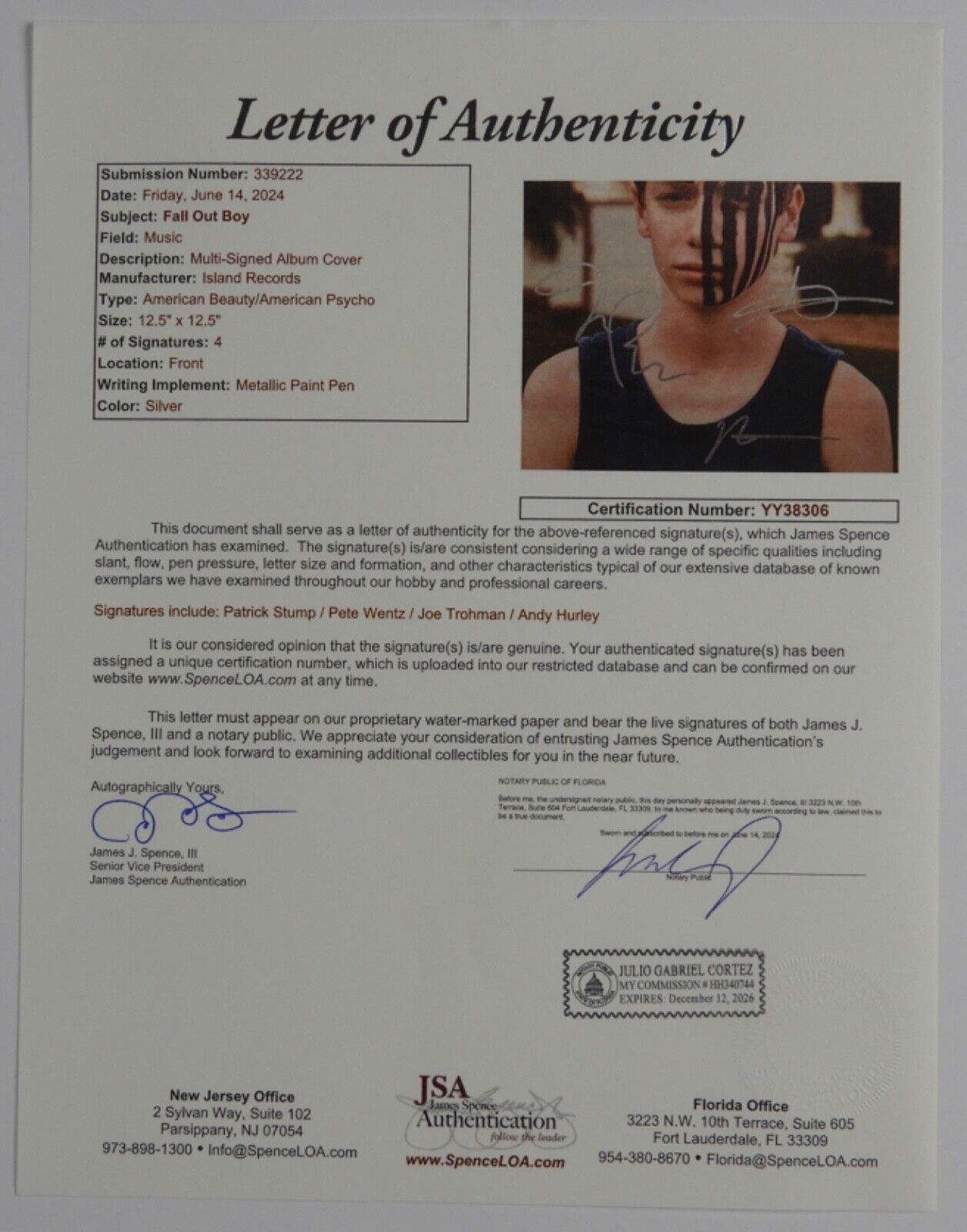 Fall Out Boy  JSA Fully Signed Autograph Album Record Vinyl American Beauty