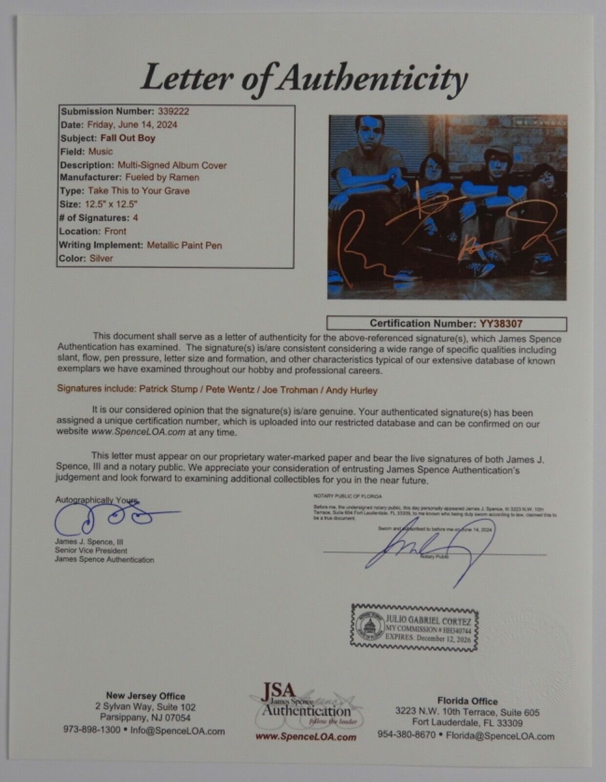 Fall Out Boy  JSA Fully Signed Autograph Album Record Vinyl Take This To Your