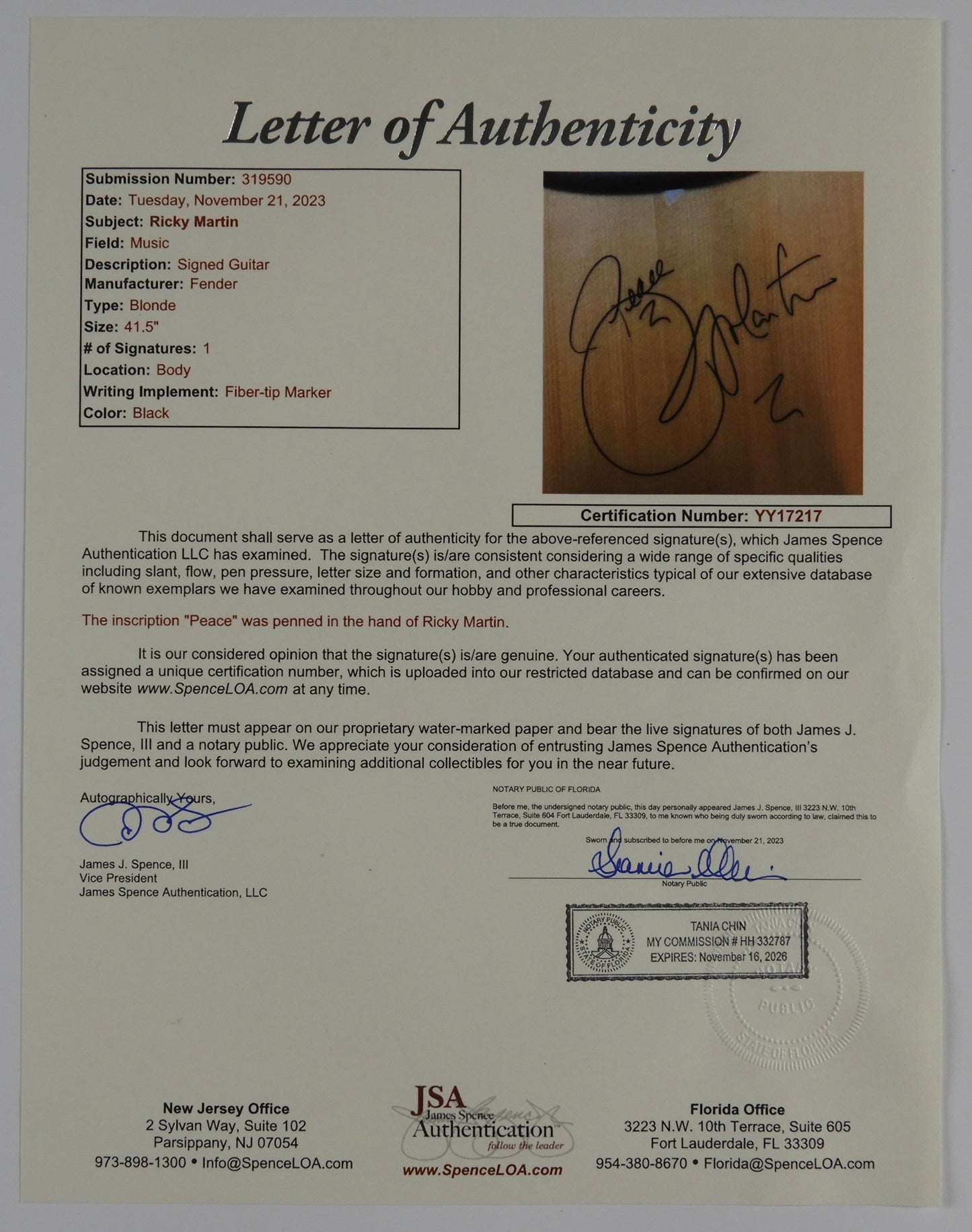 Ricky Martin JSA COA Autograph Signed Fender Acoustic Guitar