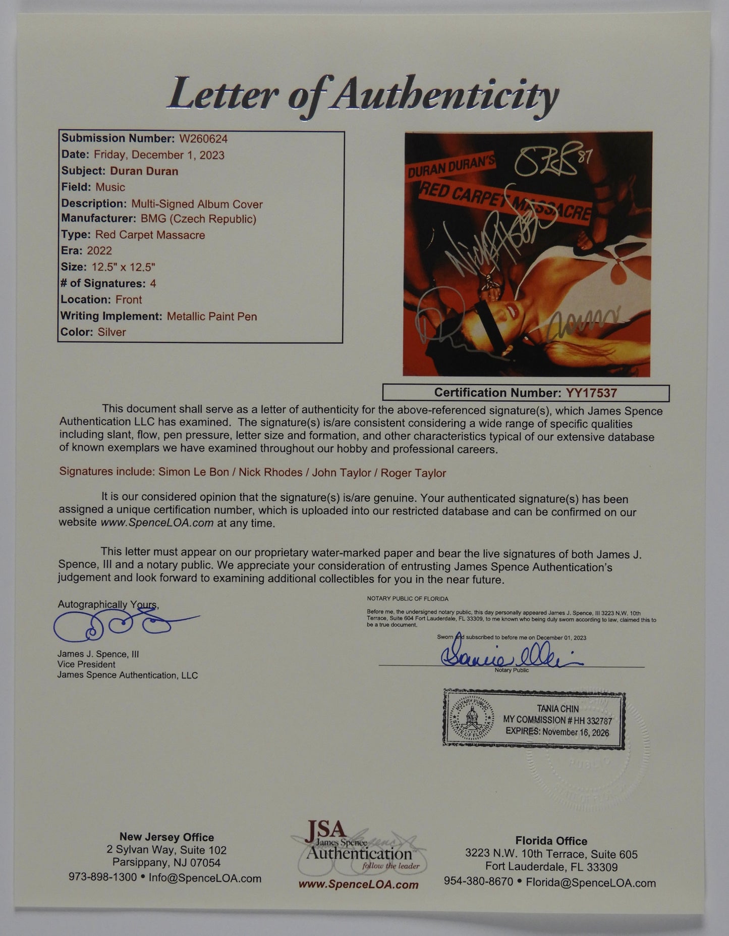 Duran Duran JSA Autograph Signed Album Record Red Carpet Massacre