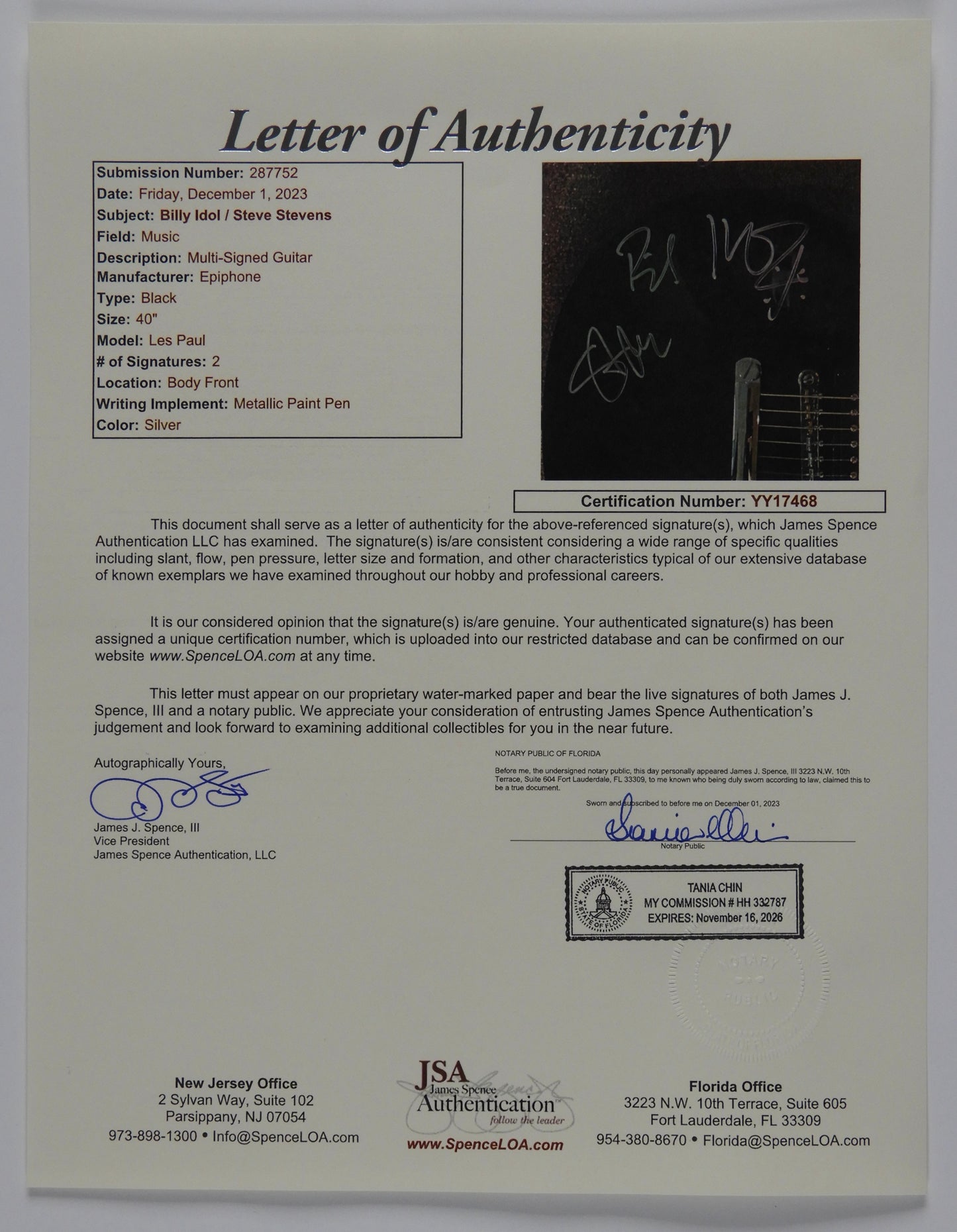 Billy Idol Steve Stevens Autograph Signed Guitar JSA Les Paul