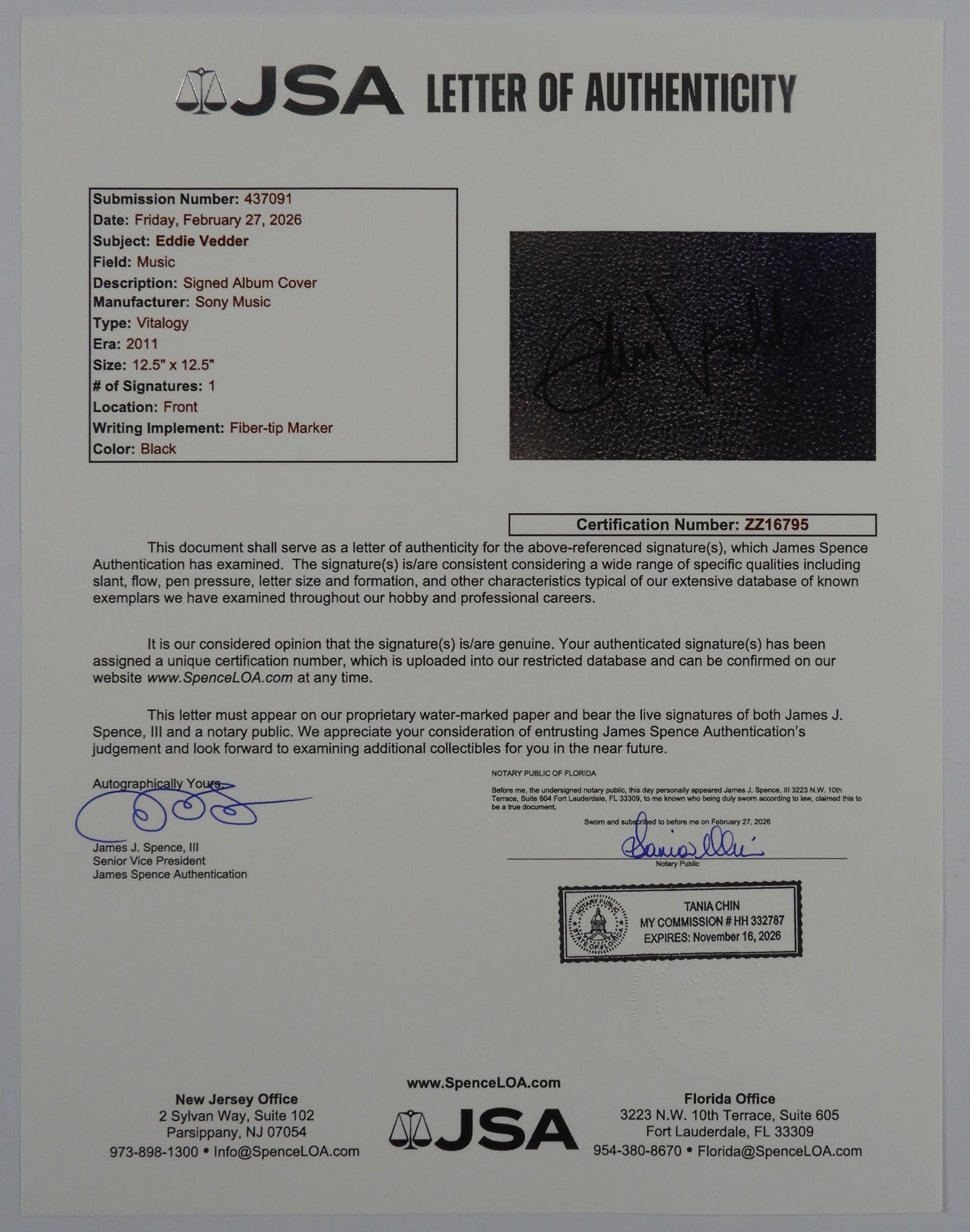 Eddie Vedder JSA Signed Autograph Pearl Jam Album Record Vinyl Vitalogy