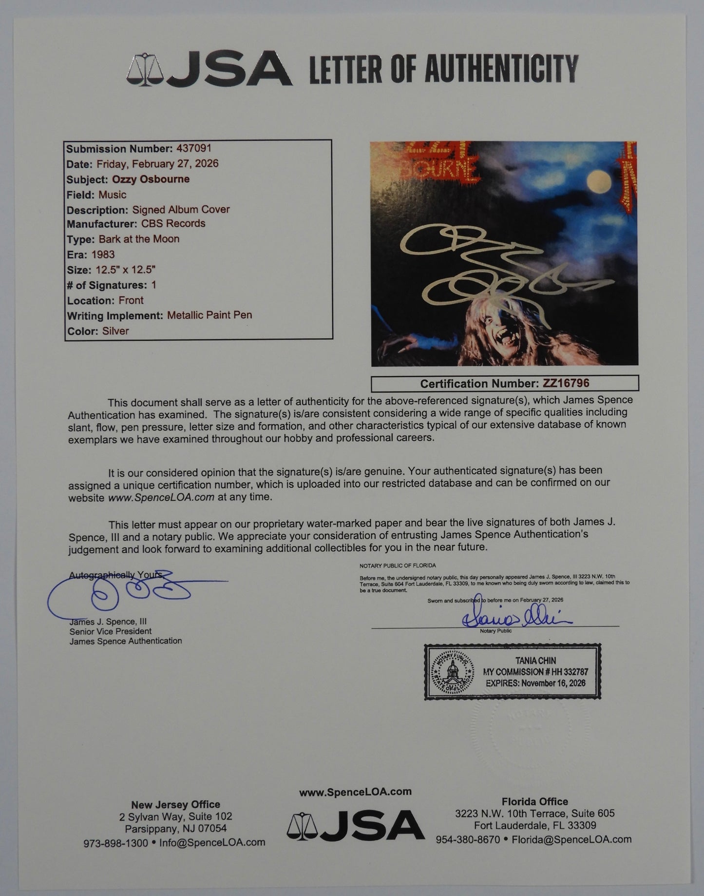 Ozzy Osbourne JSA Autograph Signed Album Vinyl Bark At The Moon