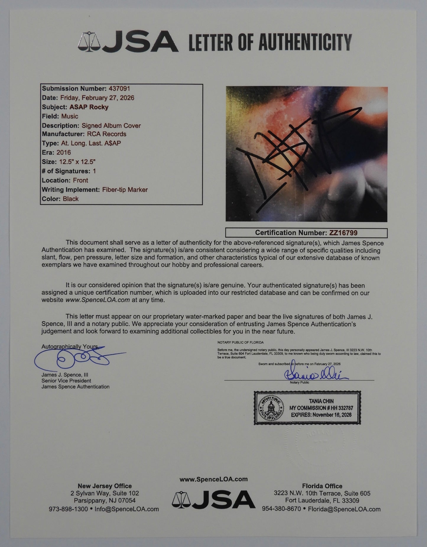 A$AP Rocky JSA Signed Autograph Record Album At Long Last