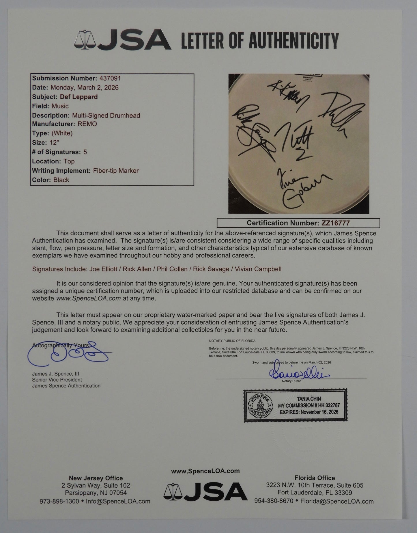 Def Leppard JSA Fully Signed Autograph Drumhead Rick Allen +