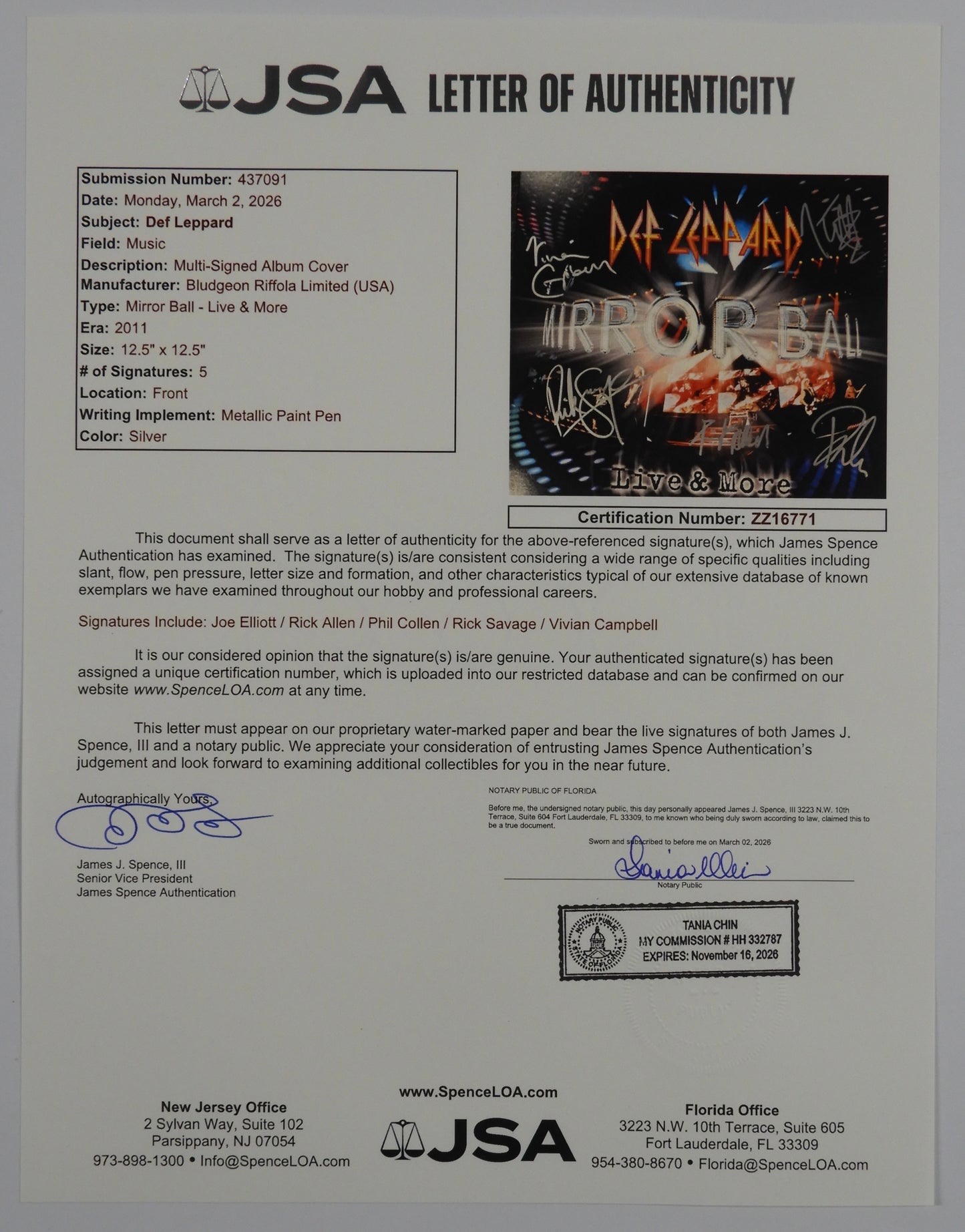 Def Leppard JSA Fully Signed Mirror Ball Live Autograph Album Record Vinyl