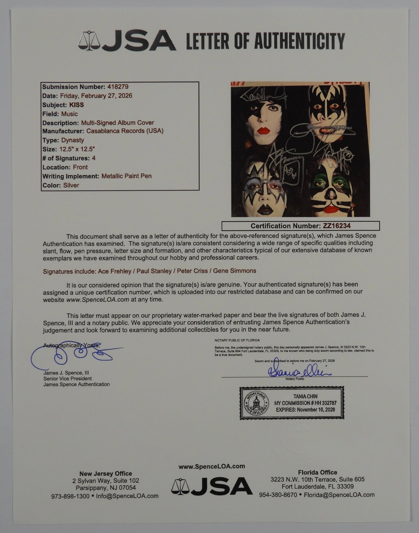 KISS JSA Fully Signed Autograph Album Dynasty Gene Simmons Peter +