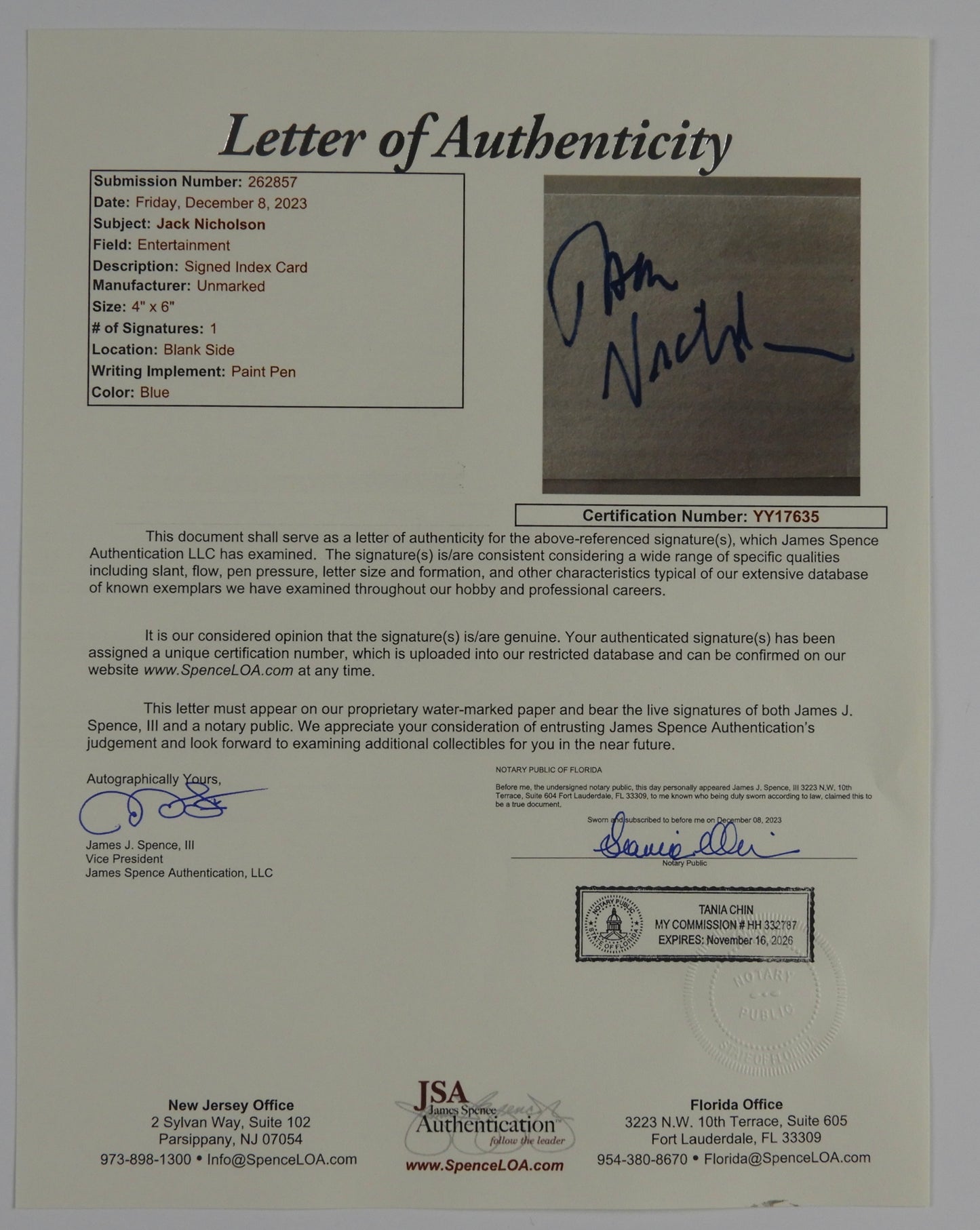 Jack Nicholson Batman The Joker JSA Autograph Signed Index Card 4 x 6
