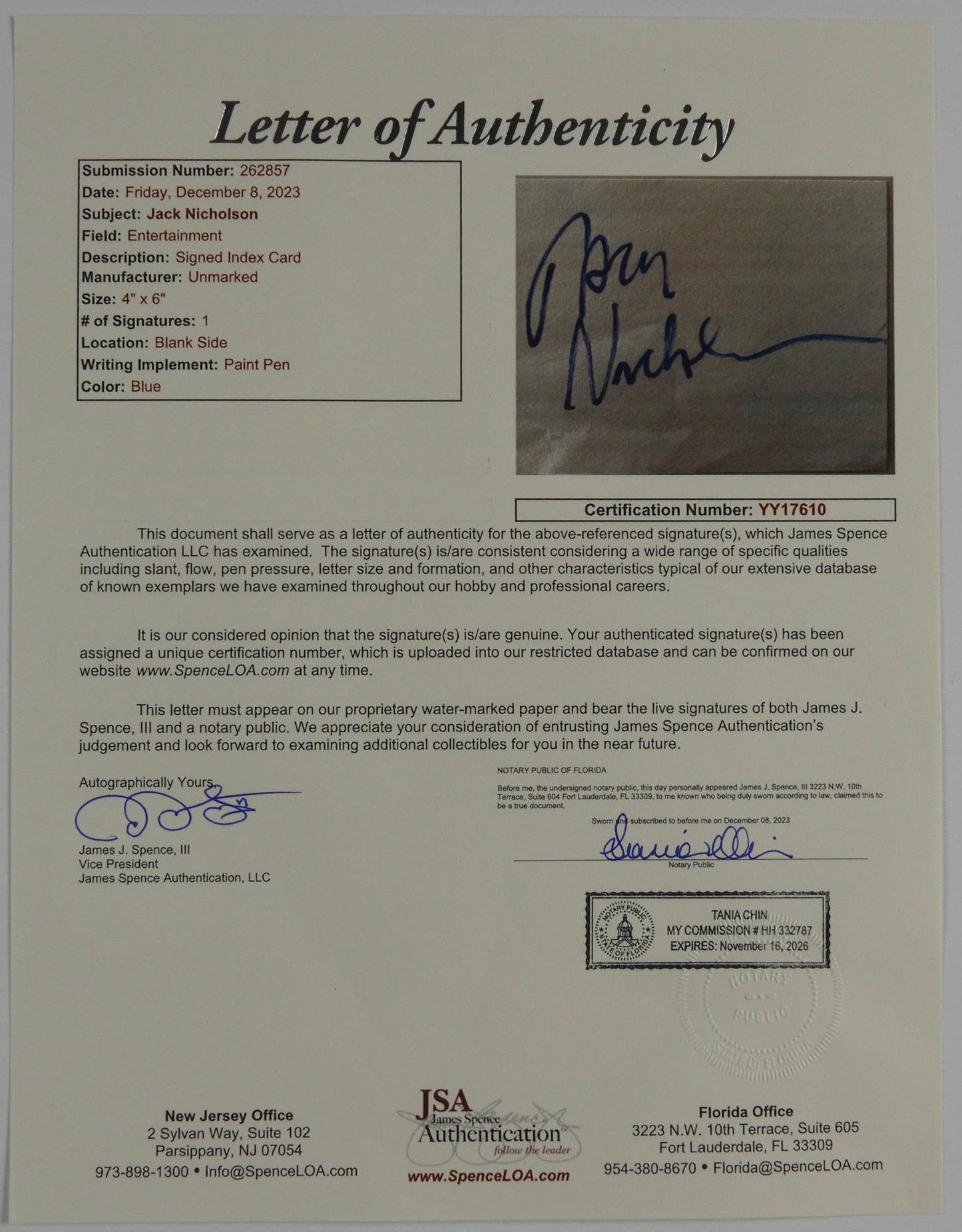 Jack Nicholson Batman The Joker JSA Autograph Signed Index Card 4 x 6 Cut