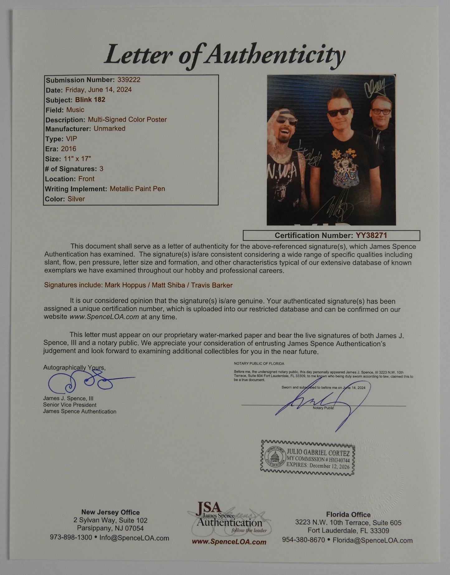 Blink 182 JSA Signed Autograph  Fully Signed VIP Poster