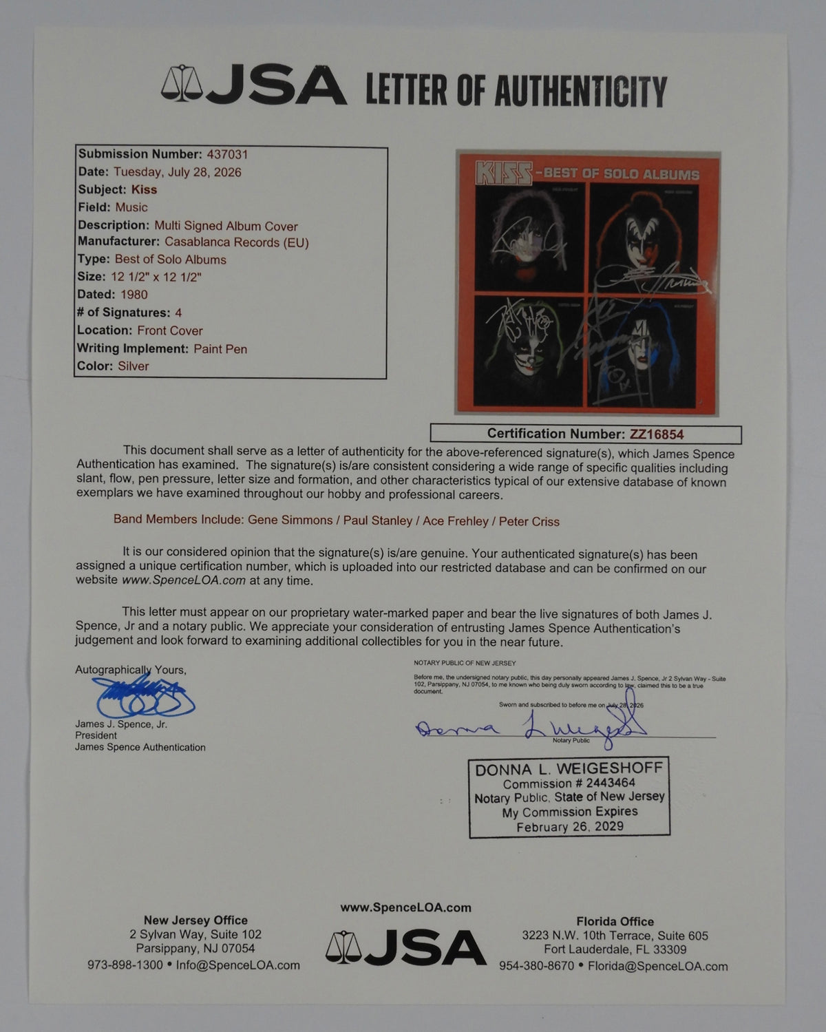 KISS JSA Fully Signed Autograph Album Vinyl Record German Best Of Solo Albums