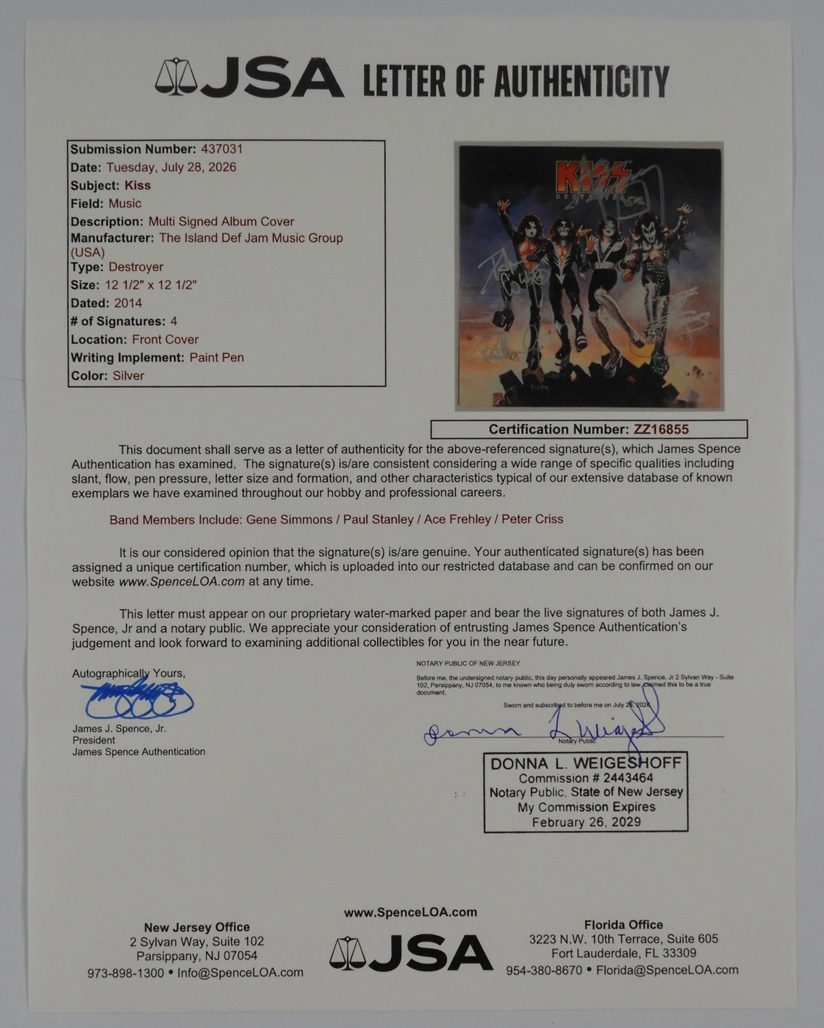 KISS JSA Fully Signed Autograph Album Vinyl Record Destroyer Gene Simmons +