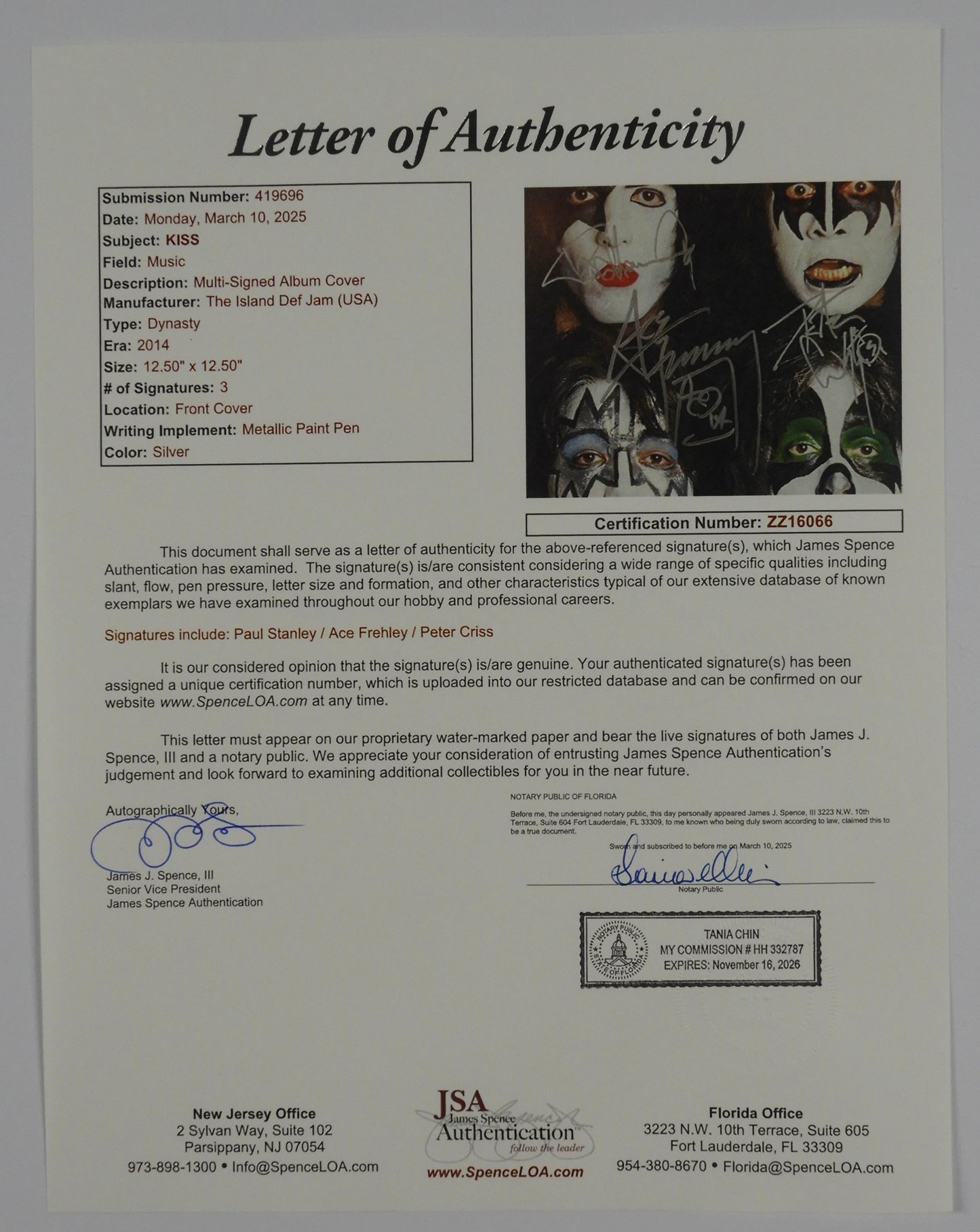 KISS JSA Paul Peter Criss Ace Autograph Signed Record Dynasty 2012