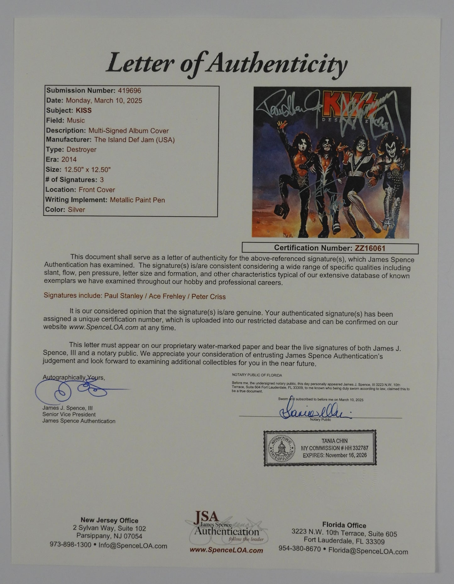 KISS JSA Paul Peter Criss Ace Autograph Signed Record Destroyer 2012