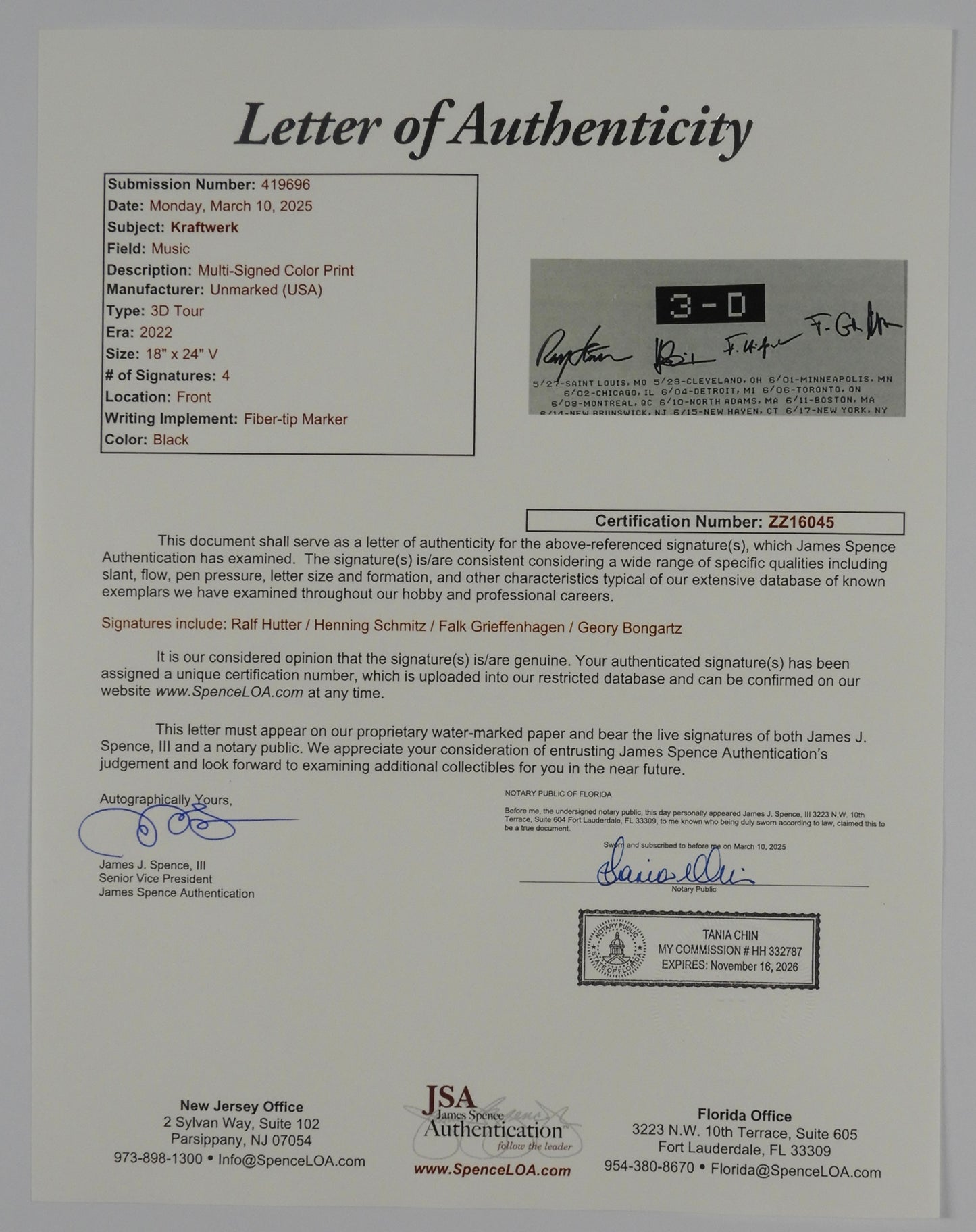 Kraftwerk JSA Signed Autograph Fully Signed 3-D 2022 Concert Poster Lithograph