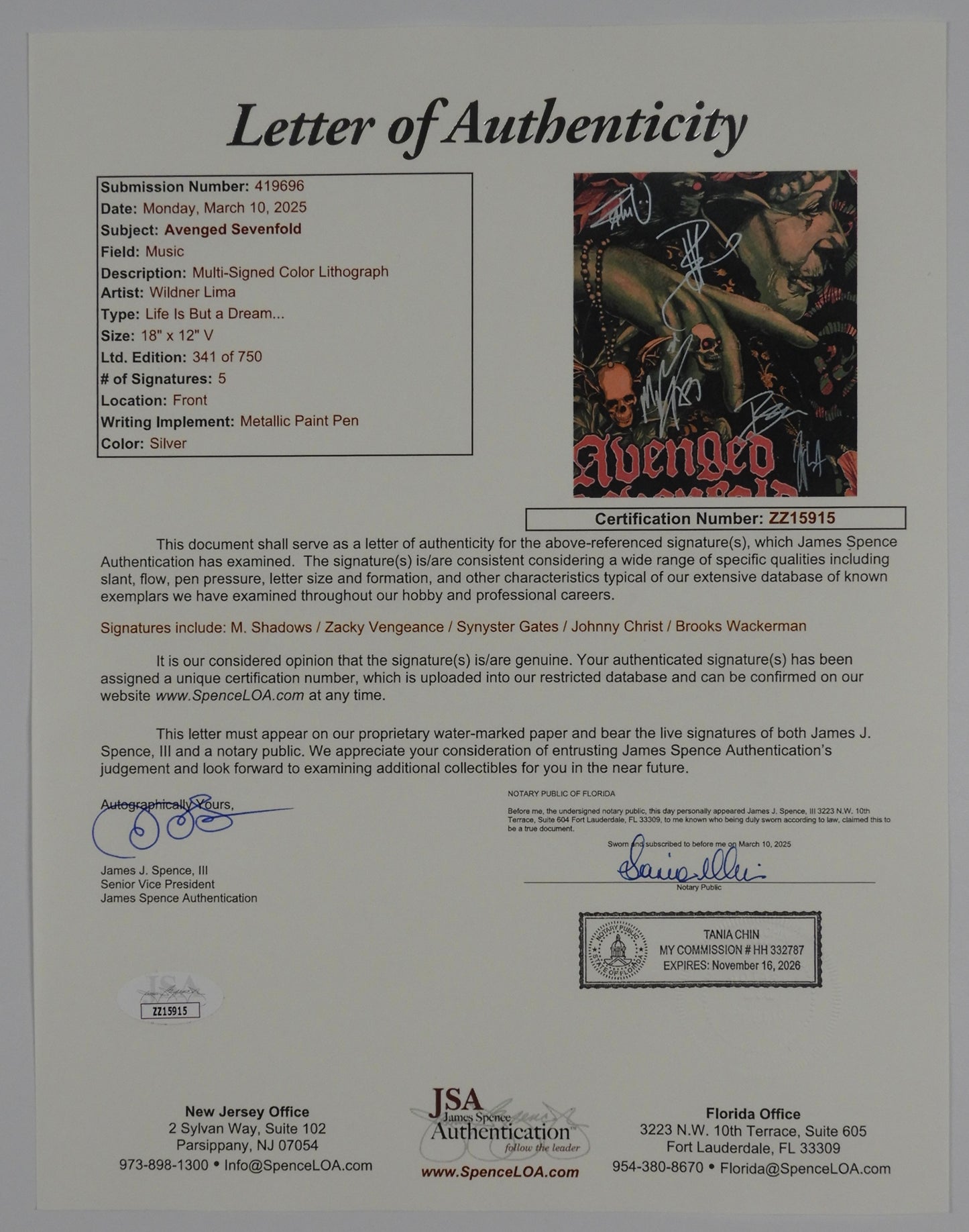 Avenged Sevenfold JSA Fully Signed Lithograph Concert Poster American Tour Pt 3
