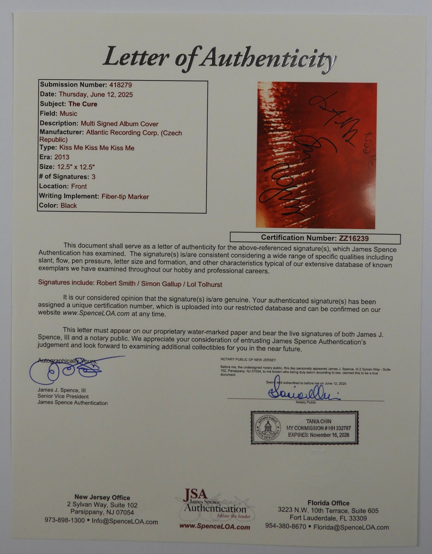 The Cure JSA Robert Smith Simon Gallup + Signed Autograph Album Record Kiss Me