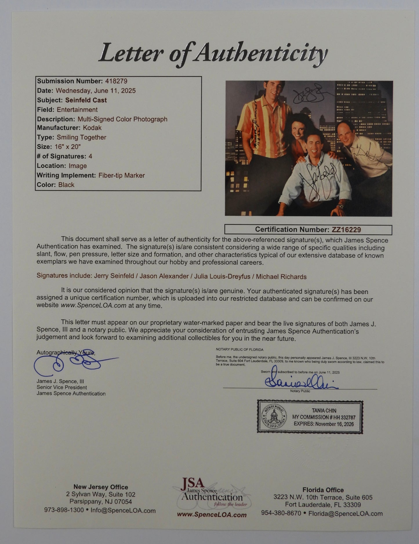 Seinfeld Cast Autograph Signed Photo JSA 16 x 20 Jerry Seinfeld + 3