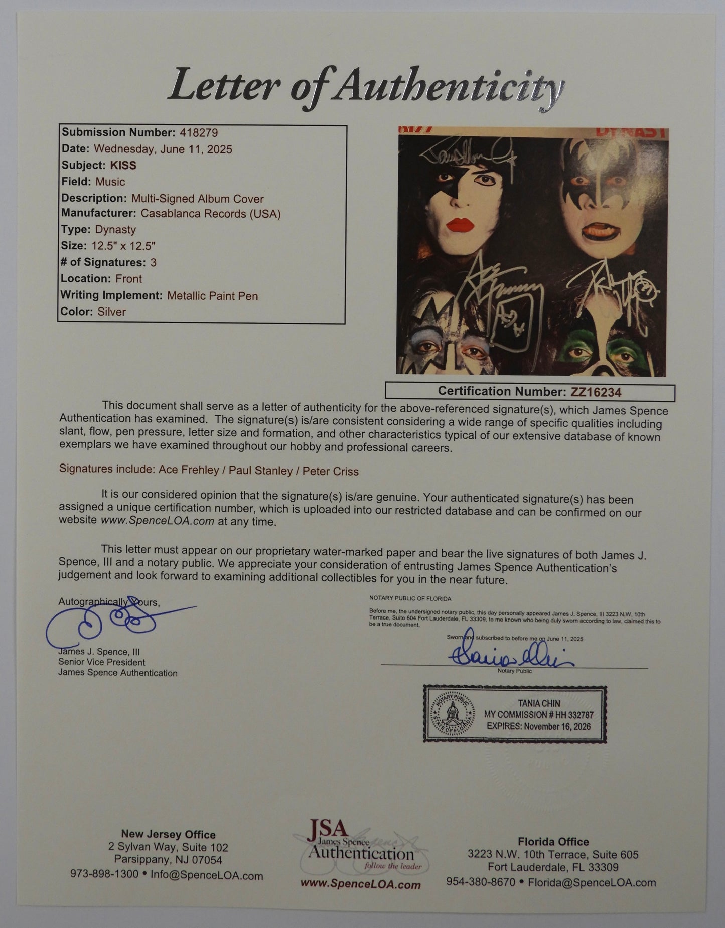 KISS JSA Paul Peter Criss Ace Autograph Signed Record Dynasty