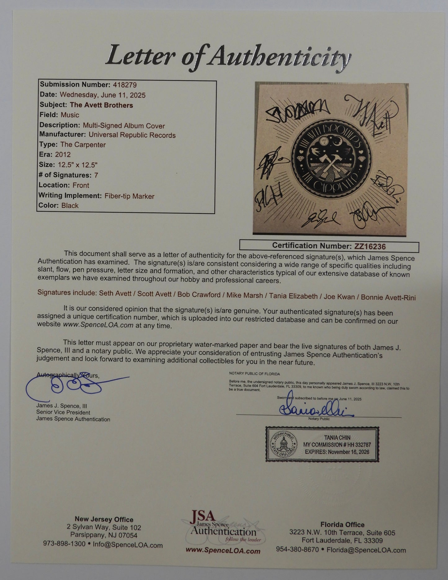 The Avett Brothers JSA Signed Autograph Record Album Vinyl The Carpenter