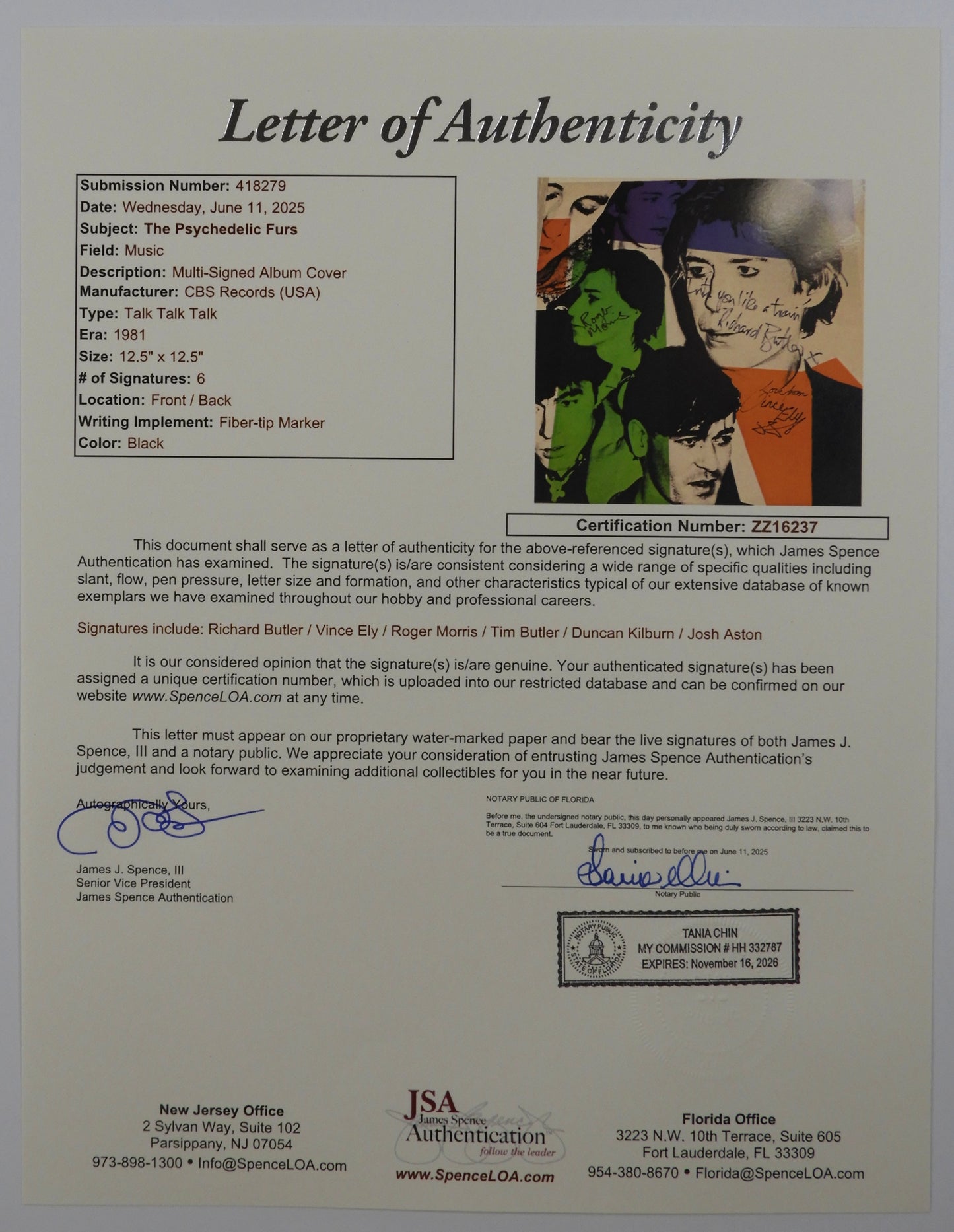 The Psychedelic Furs Fully Signed Autograph Album Record Talk Talk