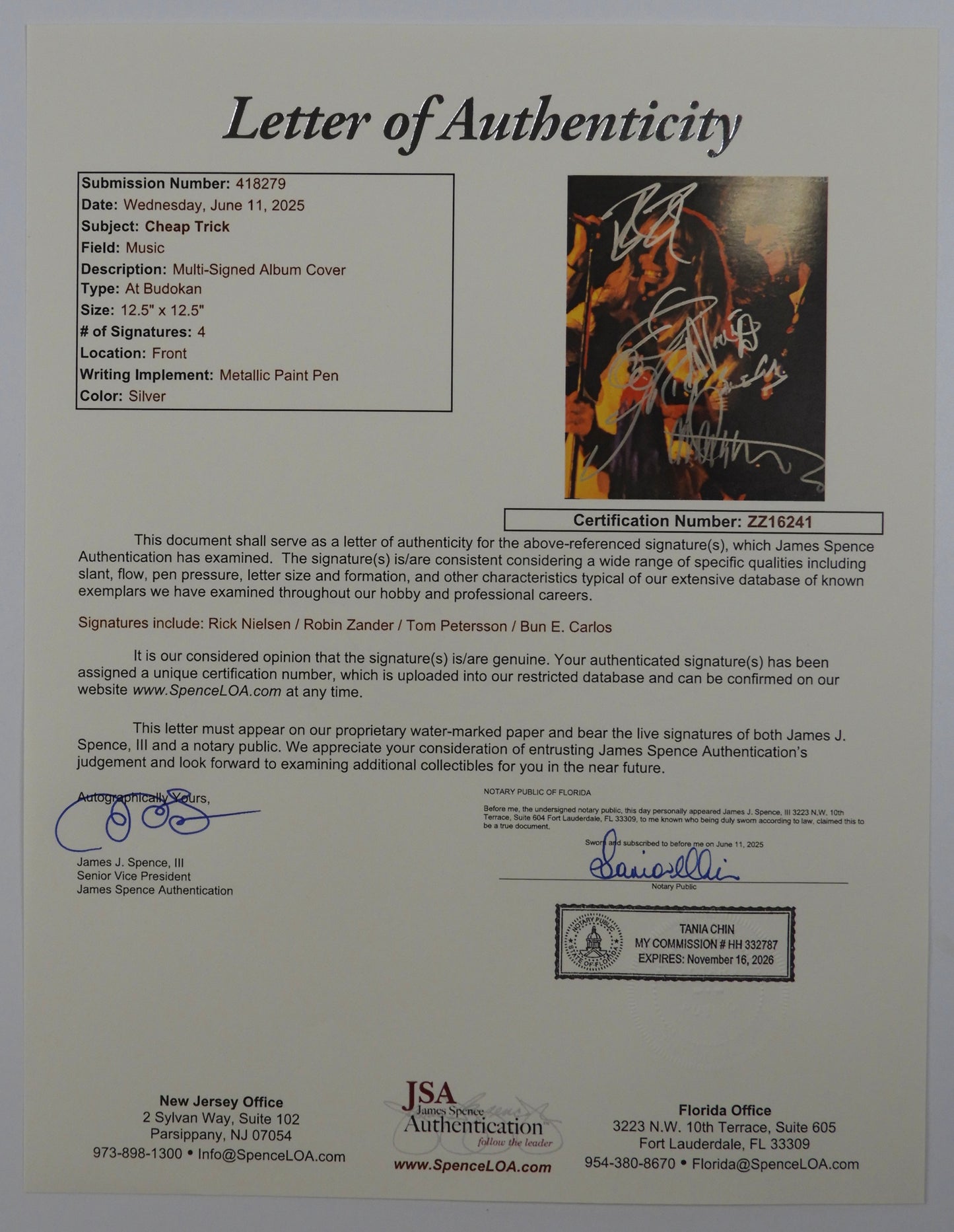 Cheap Trick Fully Group Signed Autograph Record Album JSA Vinyl at Budokan