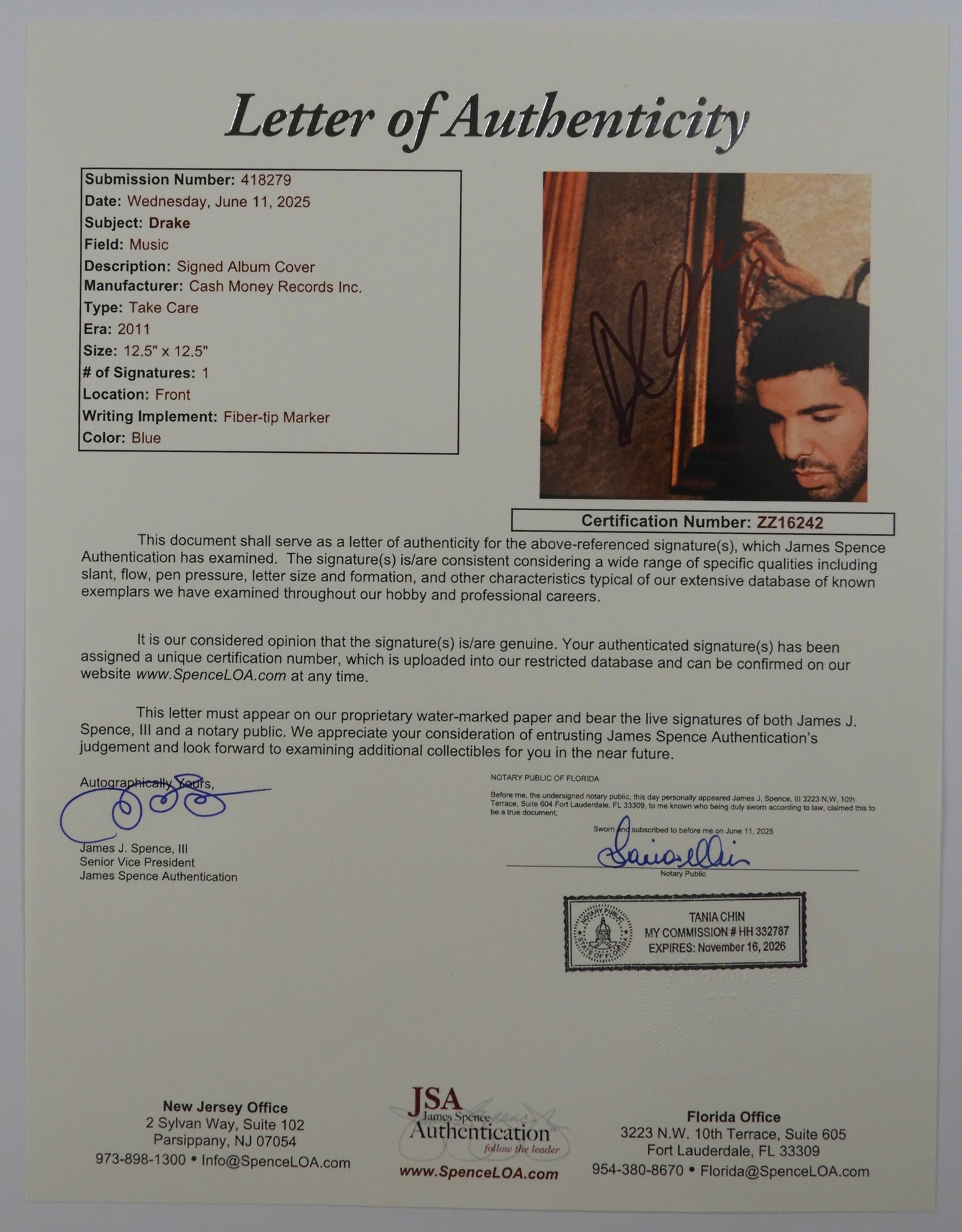 Drake PSA Signed Autograph Album Record Vinyl Take Care