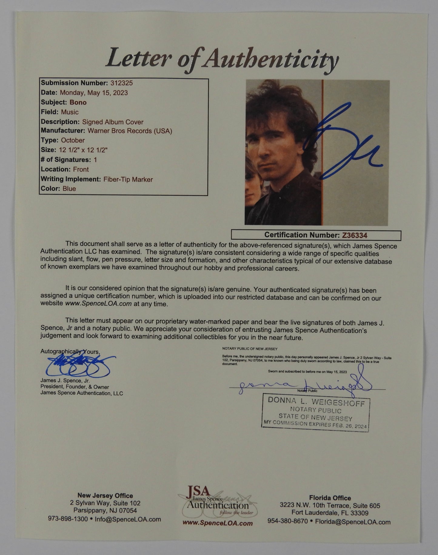 U2 Bono October JSA Signed Autograph Record Album LP